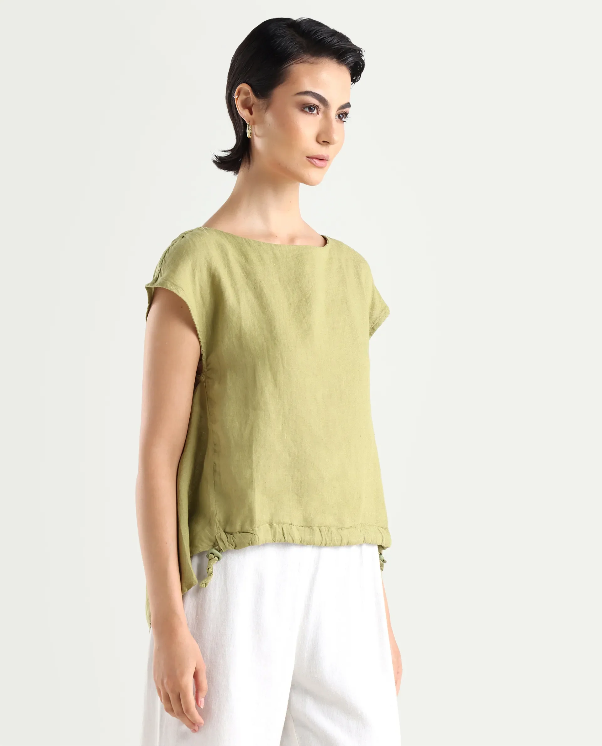 Rareism Women's Vita Green Linen Boat Neck Plain Extended Sleeves Regular Fit Top - Image 6