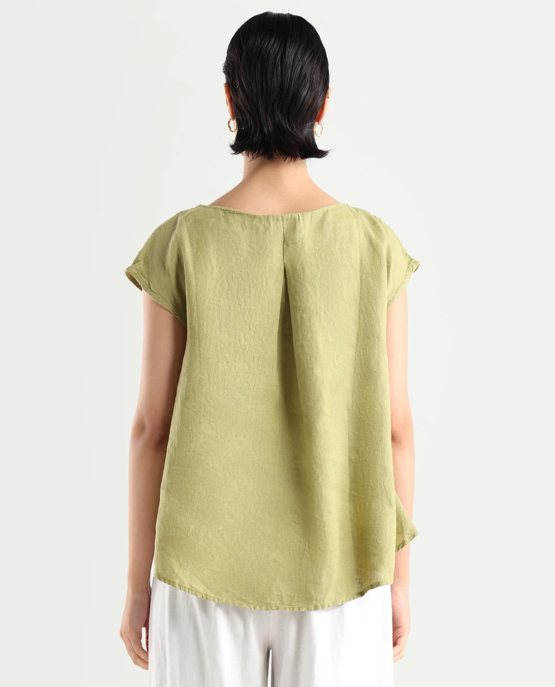 Rareism Women's Vita Green Linen Boat Neck Plain Extended Sleeves Regular Fit Top - Image 7