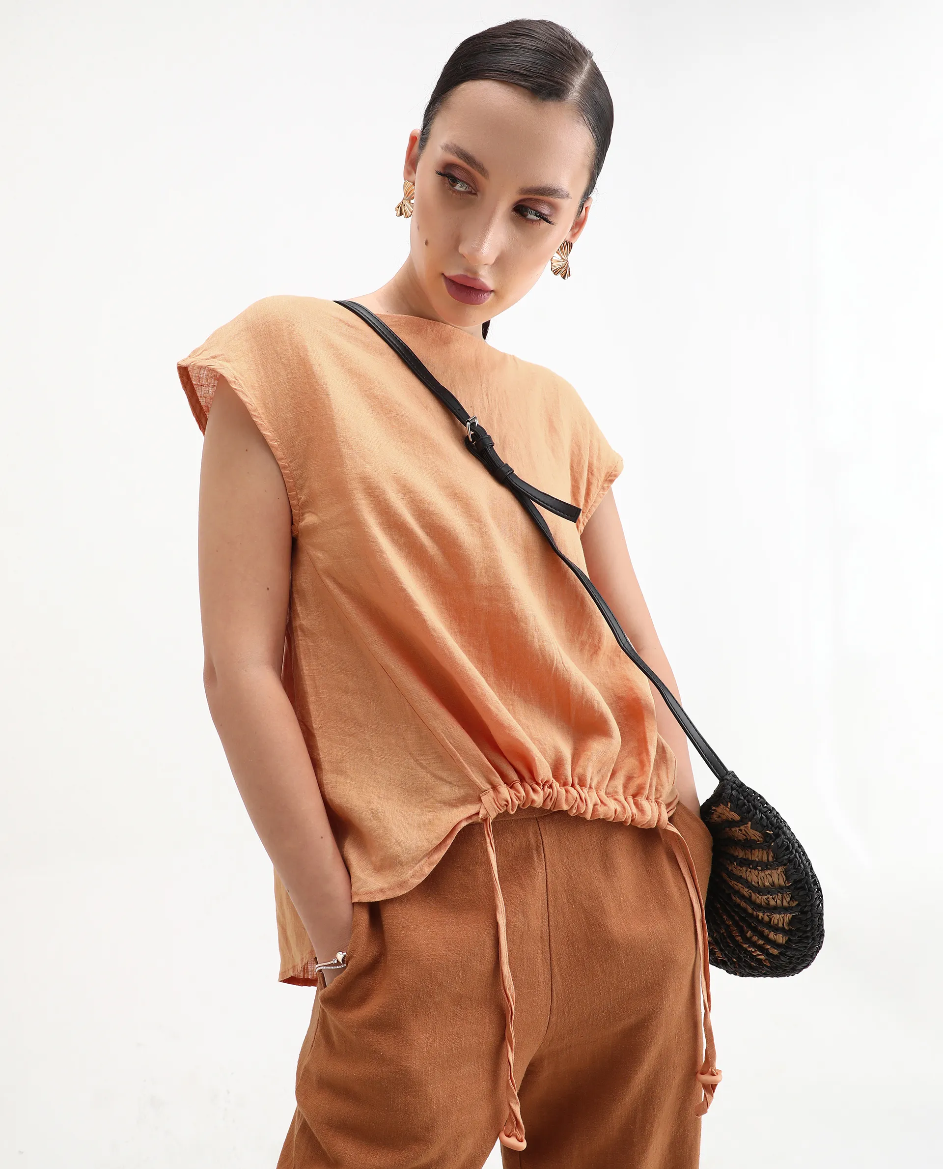 Rareism Women's Vita Orange Linen Boat Neck Plain Extended Sleeves Regular Fit Top