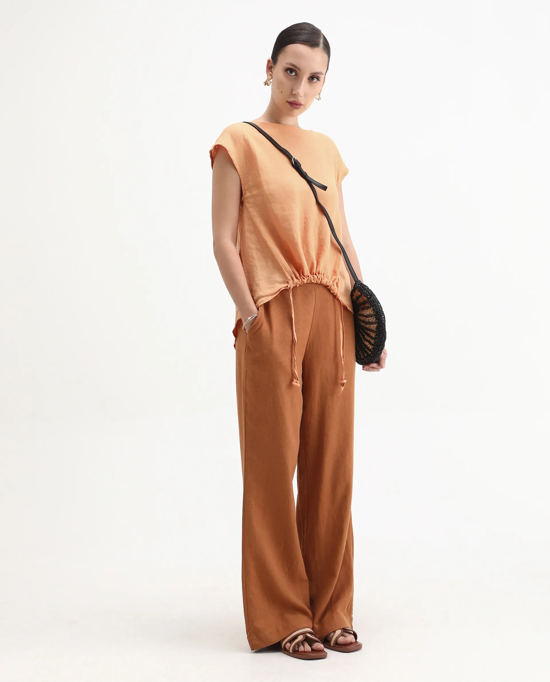 Rareism Women's Vita Orange Linen Boat Neck Plain Extended Sleeves Regular Fit Top - Image 2