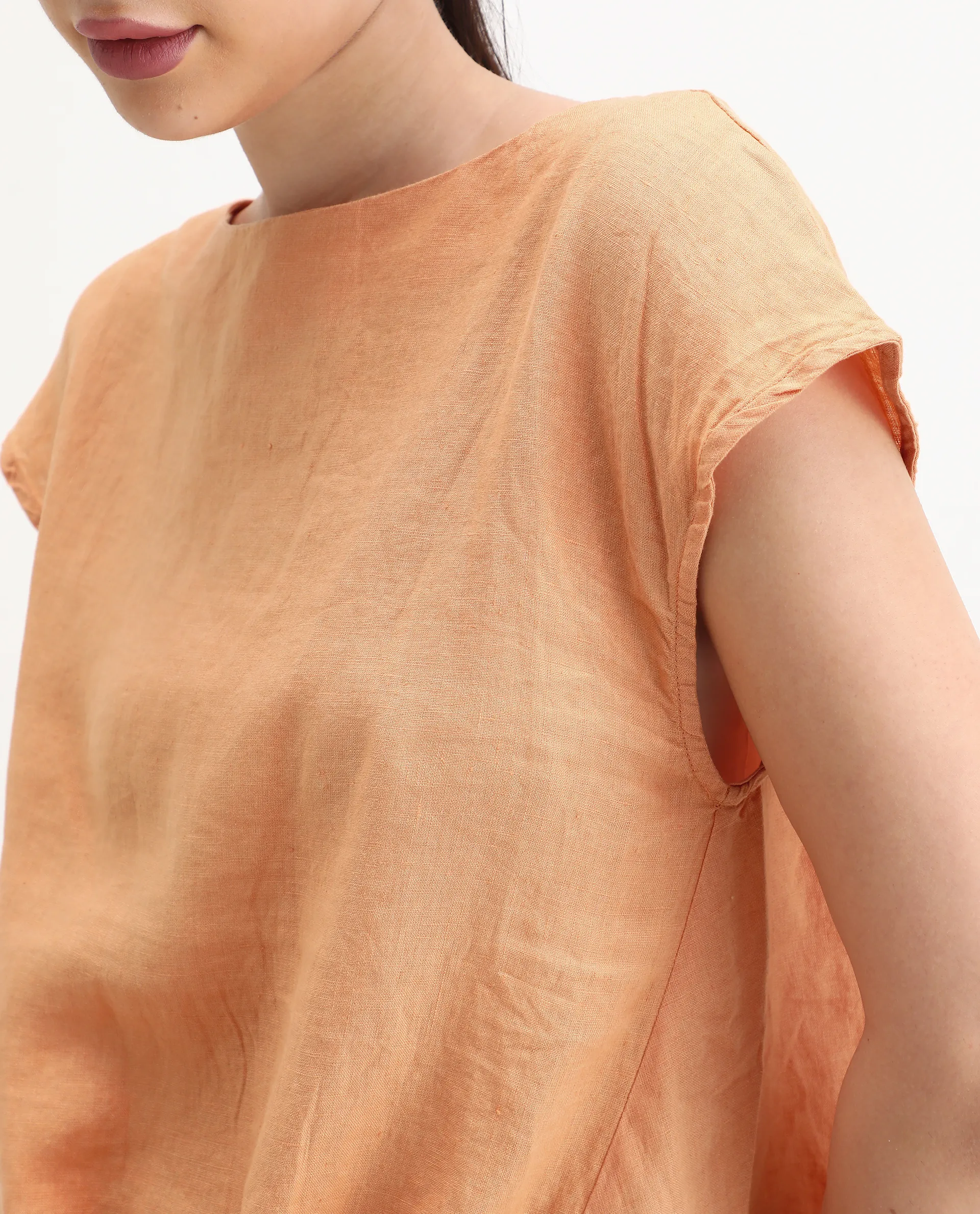 Rareism Women's Vita Orange Linen Boat Neck Plain Extended Sleeves Regular Fit Top - Image 3