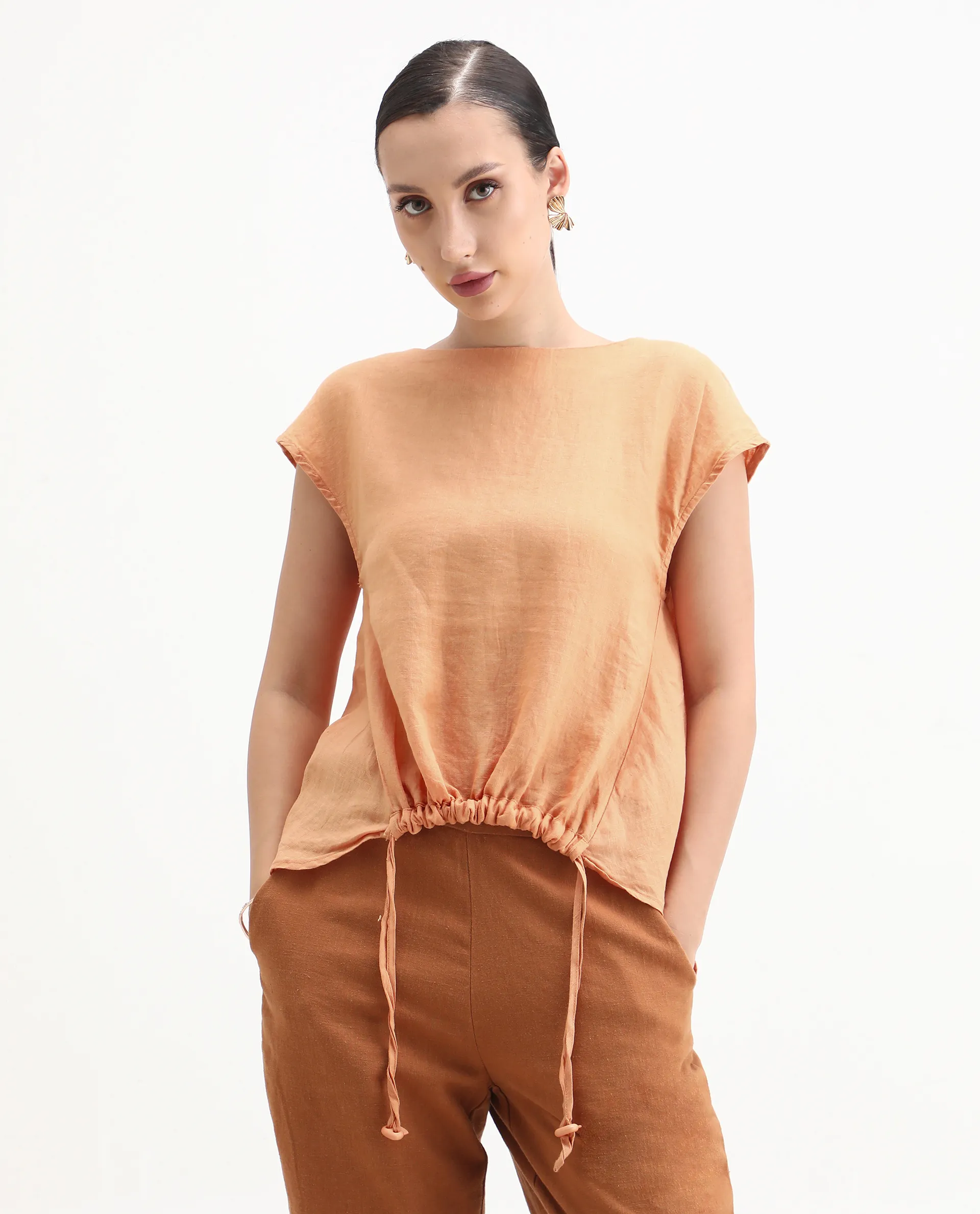 Rareism Women's Vita Orange Linen Boat Neck Plain Extended Sleeves Regular Fit Top - Image 4