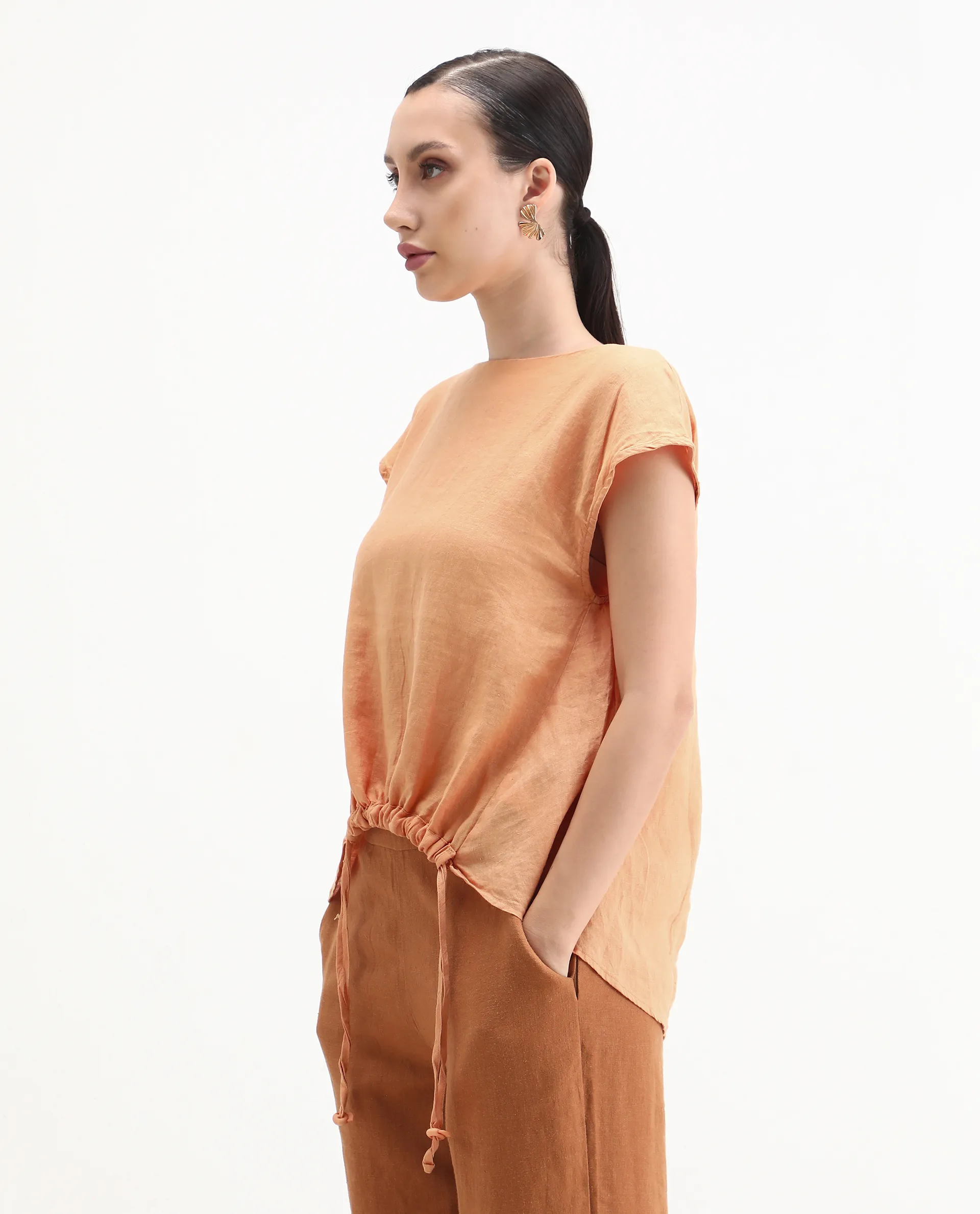 Rareism Women's Vita Orange Linen Boat Neck Plain Extended Sleeves Regular Fit Top - Image 5