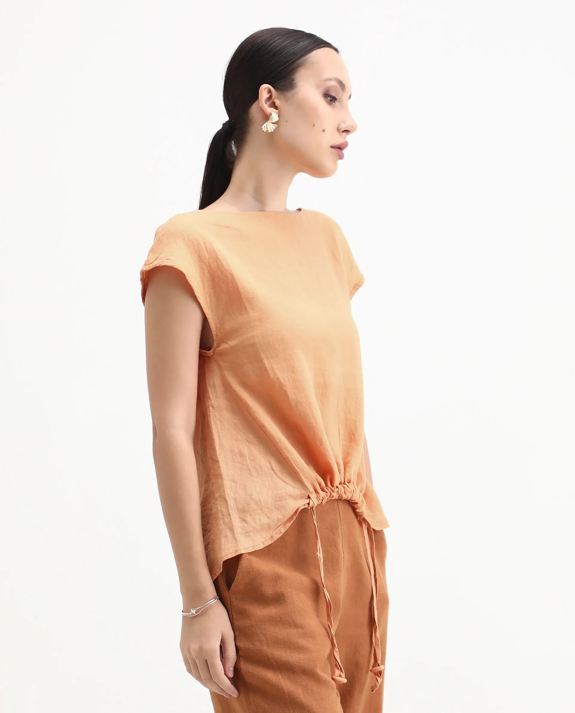 Rareism Women's Vita Orange Linen Boat Neck Plain Extended Sleeves Regular Fit Top - Image 6
