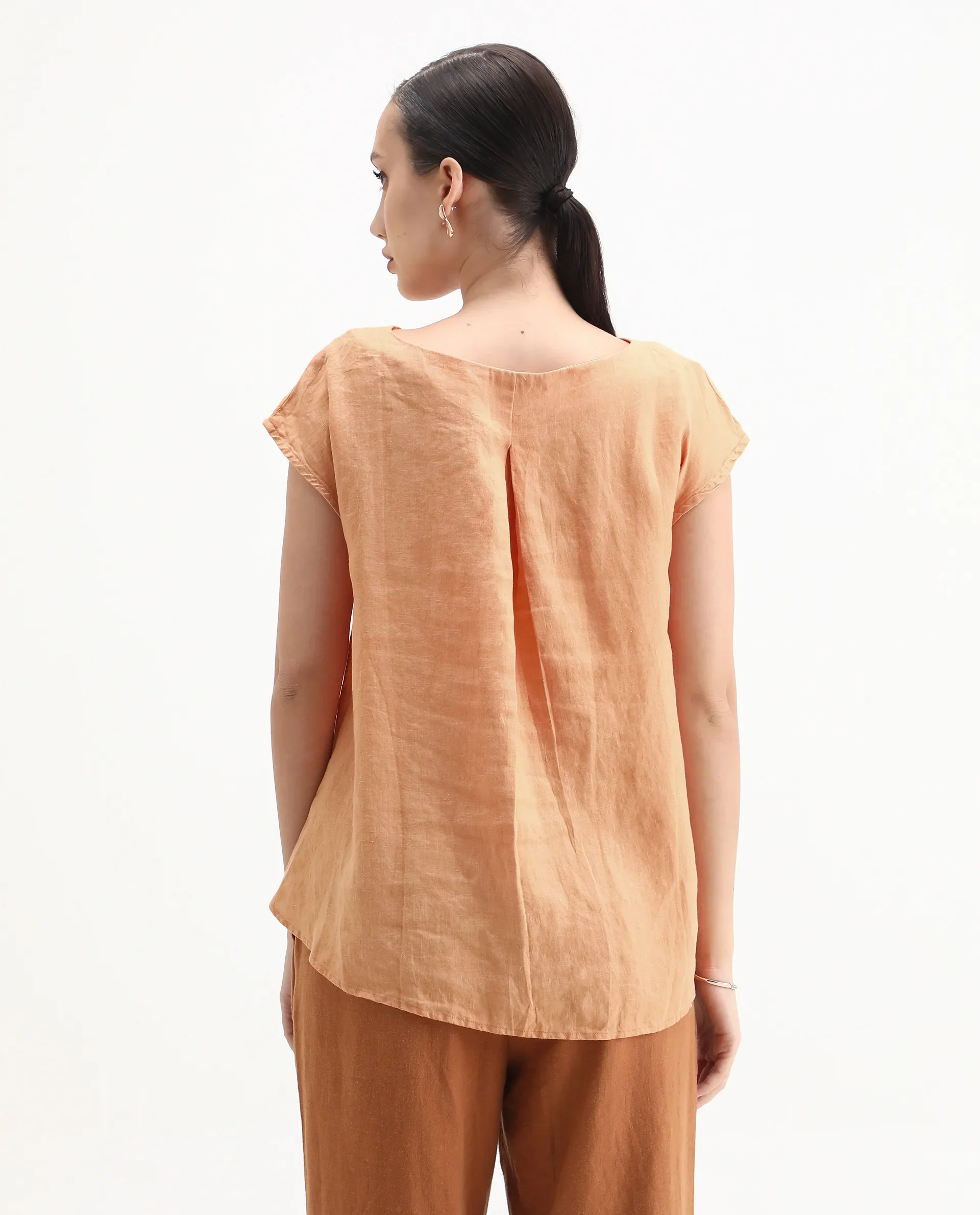 Rareism Women's Vita Orange Linen Boat Neck Plain Extended Sleeves Regular Fit Top - Image 8
