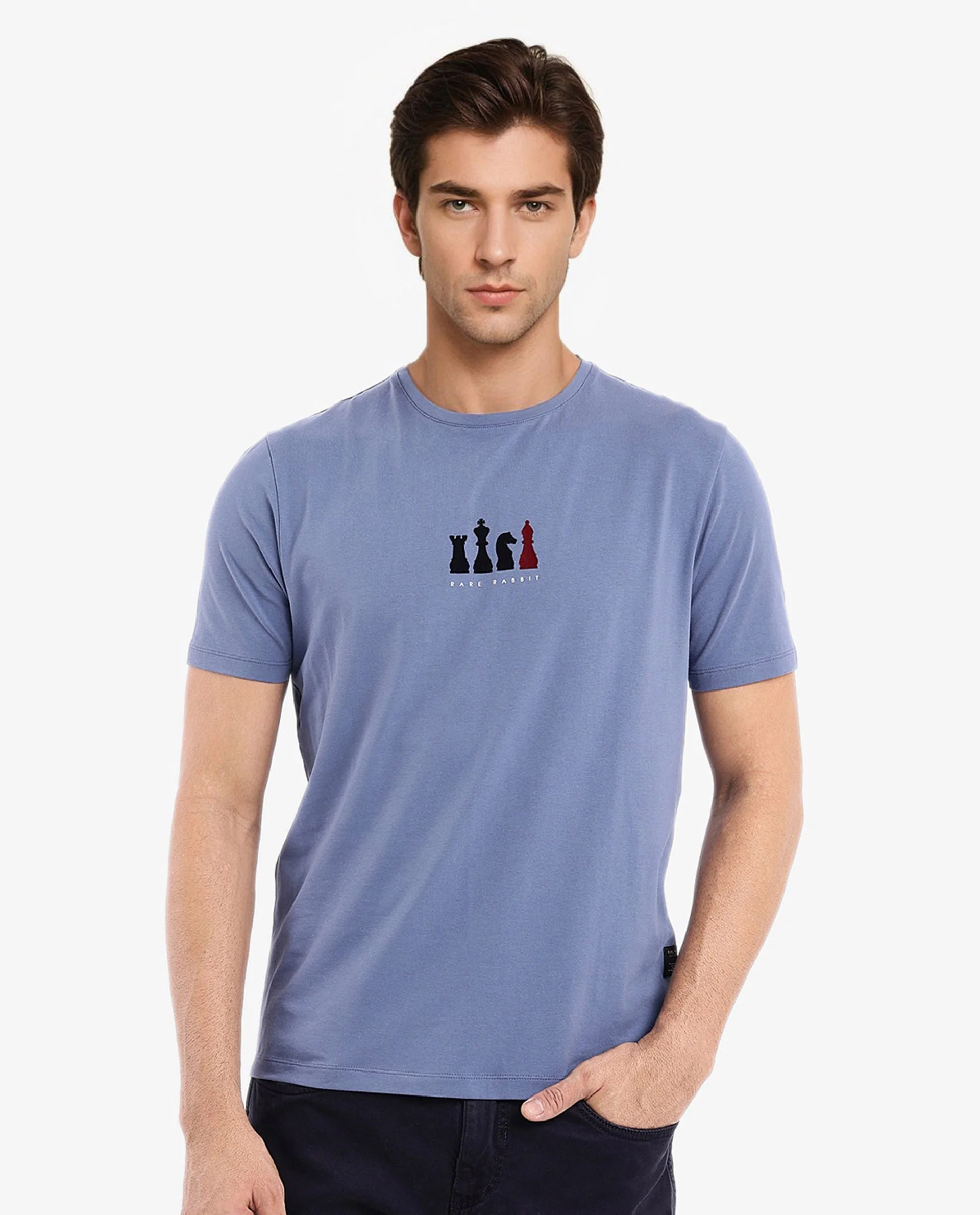 Rare Rabbit Men's Vital Dusky Blue Cotton Graphic Print Regular Fit Half Sleeve Crew Neck T-Shirt