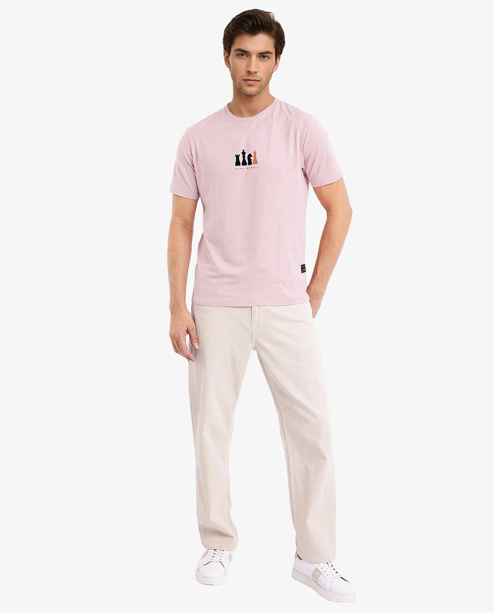 Rare Rabbit Men's Vital Light Pink Cotton Graphic Print Regular Fit Half Sleeve Crew Neck T-Shirt - Image 3