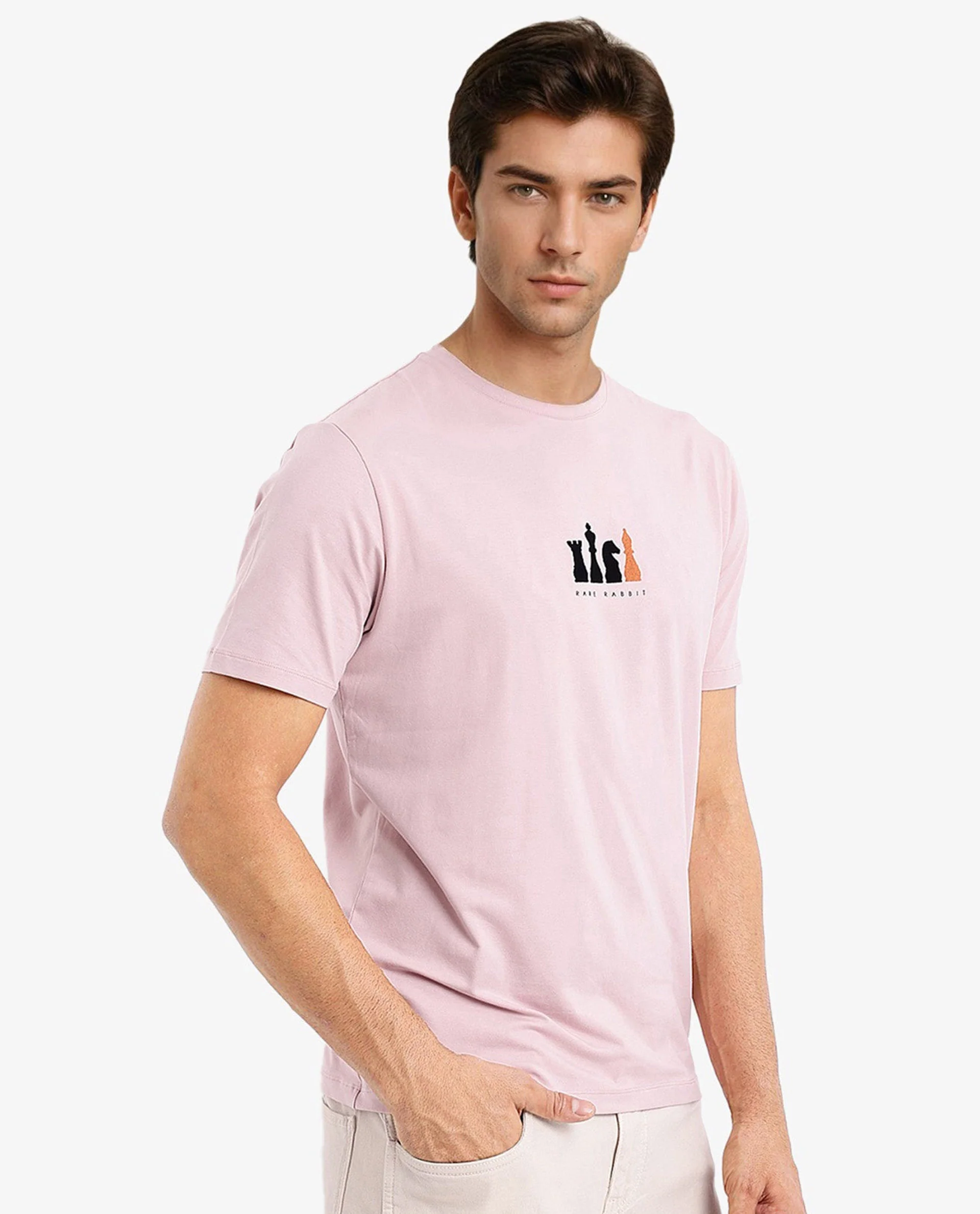 Rare Rabbit Men's Vital Light Pink Cotton Graphic Print Regular Fit Half Sleeve Crew Neck T-Shirt - Image 6
