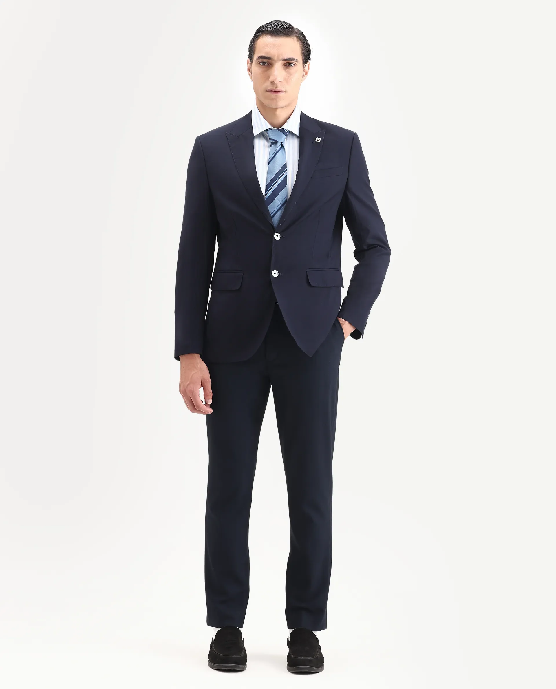 Rare Rabbit Men's Vitara Navy Cotton Plain Tailored Fit Full Sleeve Lapel Neck Blazer - Image 2