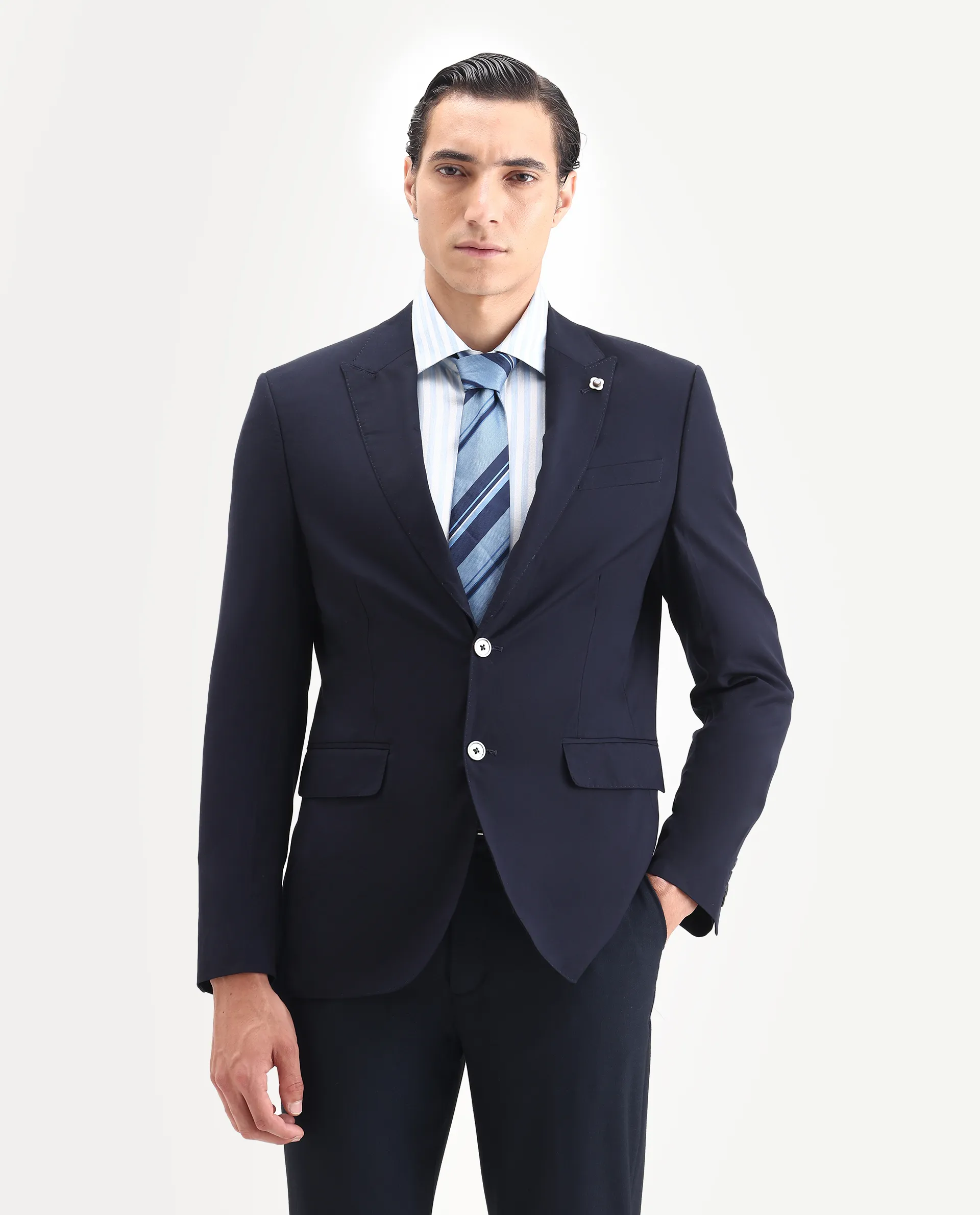 Rare Rabbit Men's Vitara Navy Cotton Plain Tailored Fit Full Sleeve Lapel Neck Blazer - Image 3