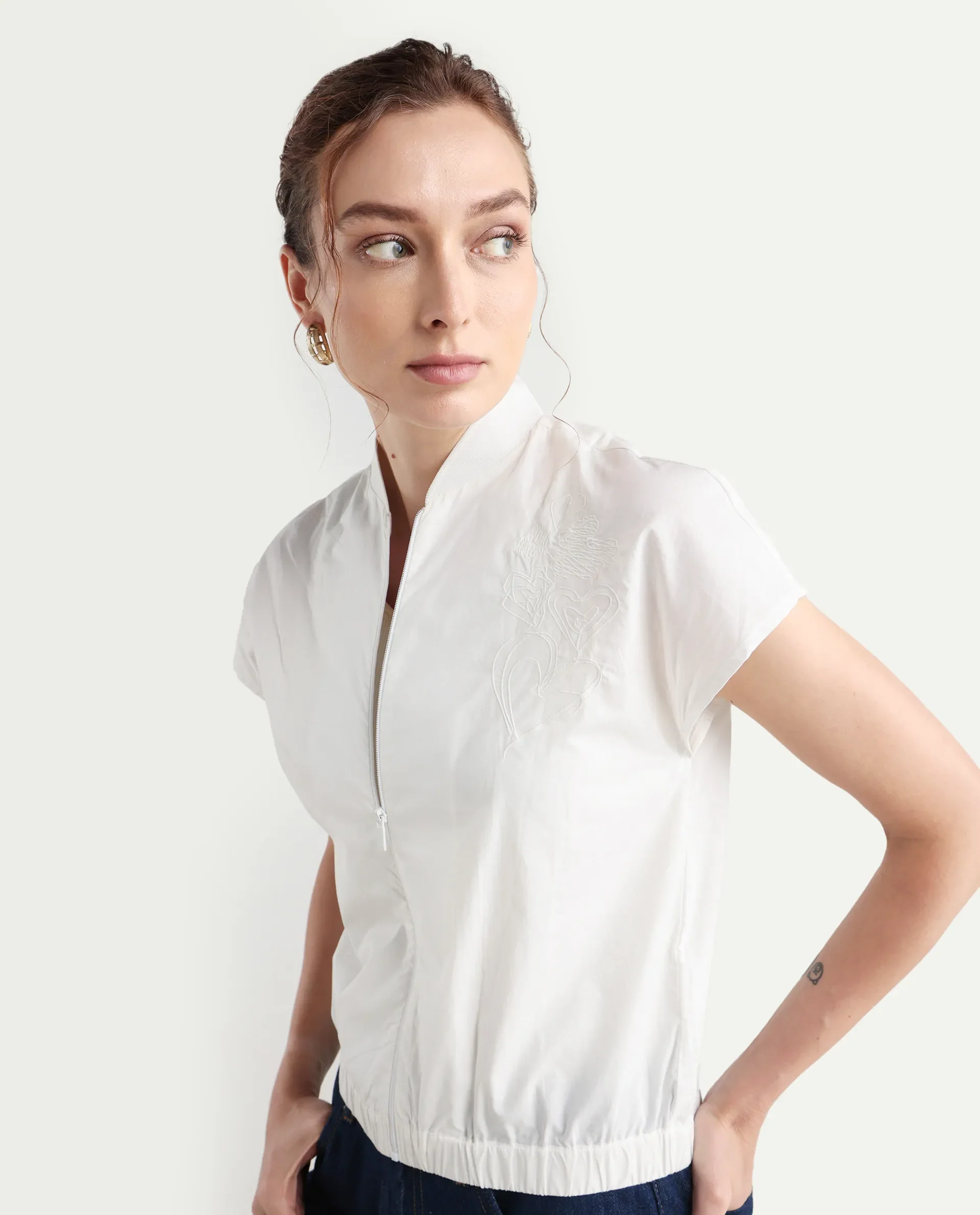 Rareism Women's Viteri White Cotton Ribbed Collar Abstract Print Extended Sleeves Regular Fit Top - Image 3