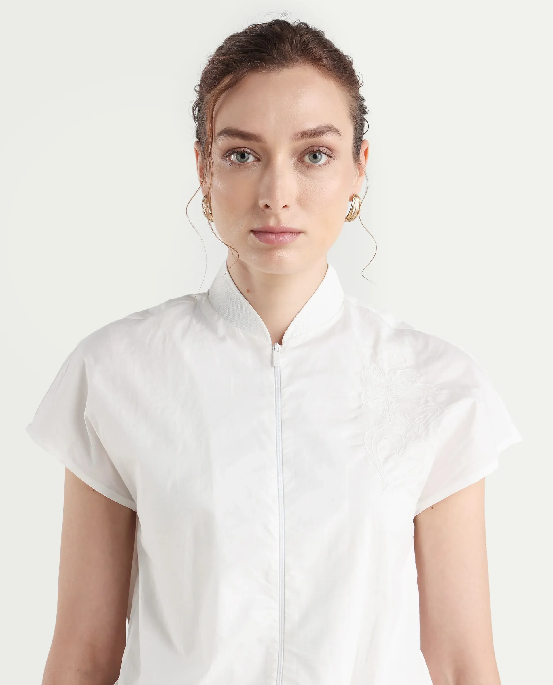 Rareism Women's Viteri White Cotton Ribbed Collar Abstract Print Extended Sleeves Regular Fit Top - Image 4