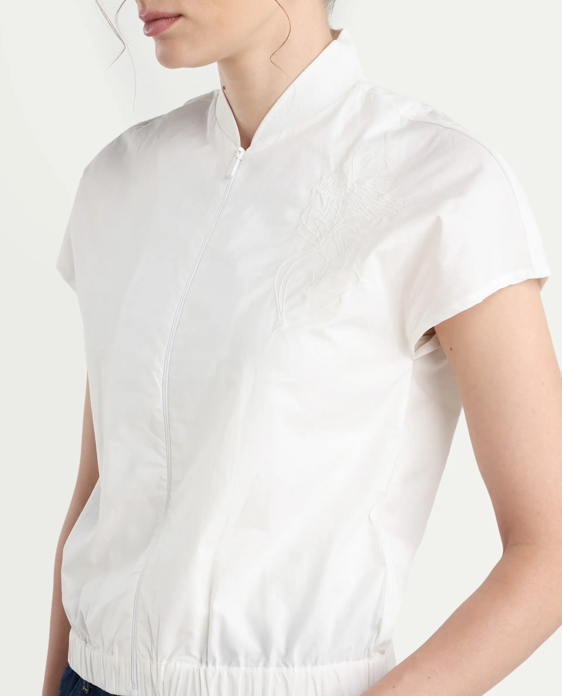 Rareism Women's Viteri White Cotton Ribbed Collar Abstract Print Extended Sleeves Regular Fit Top - Image 5