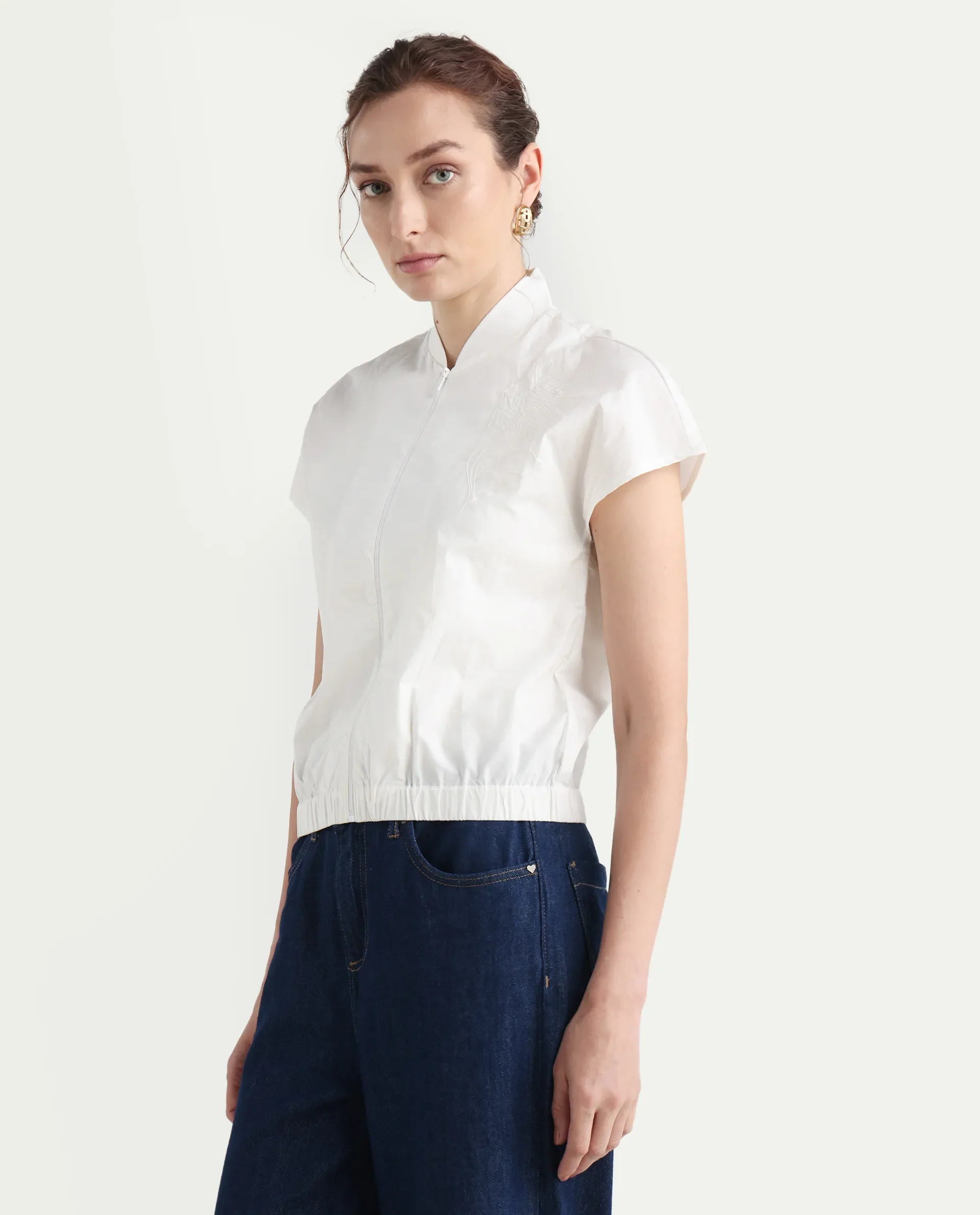 Rareism Women's Viteri White Cotton Ribbed Collar Abstract Print Extended Sleeves Regular Fit Top - Image 7
