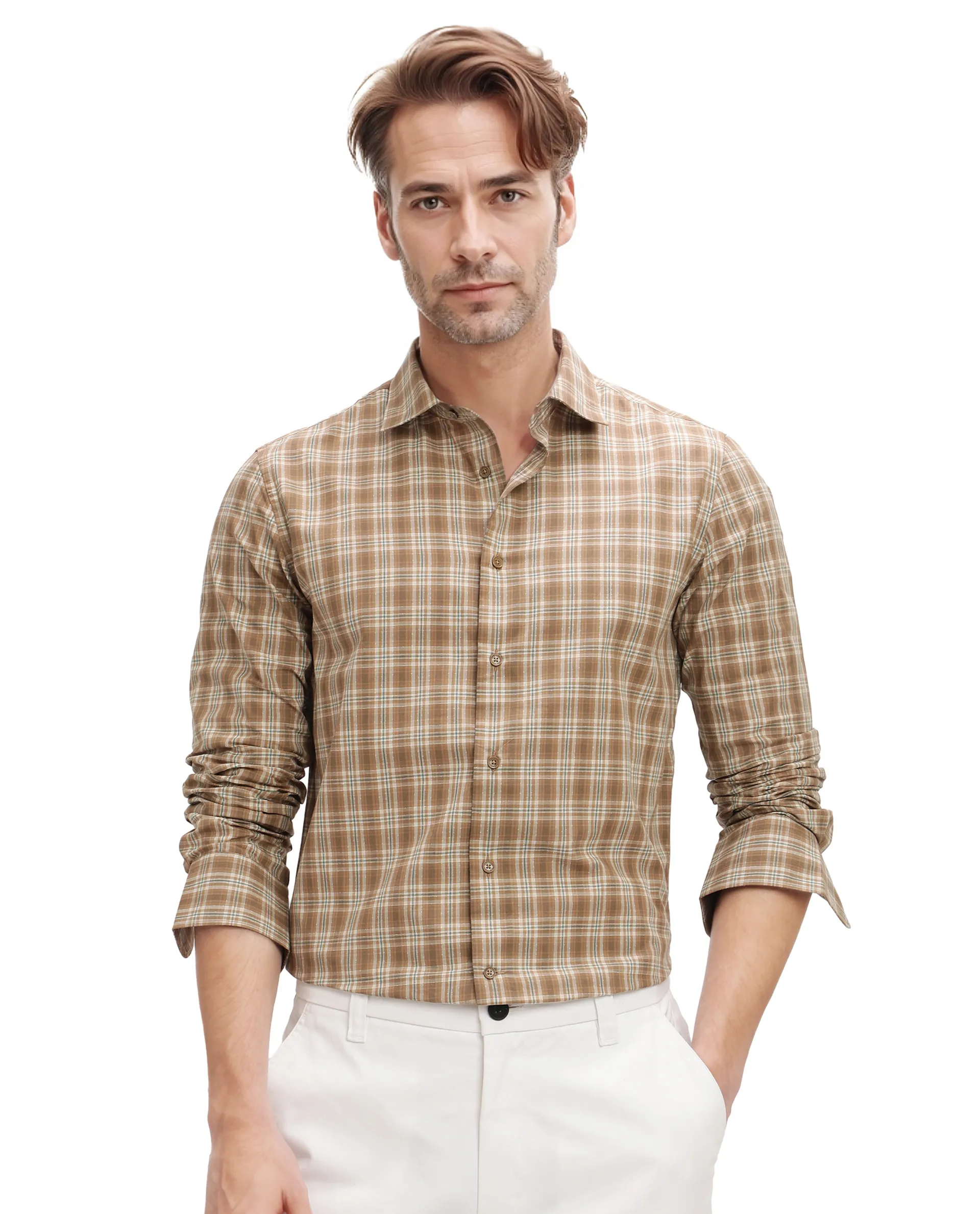 Rare Rabbit Men's Vitka Dark Brown Cotton Checked Print Regular Fit Full Sleeve Collared Shirt - Image 8