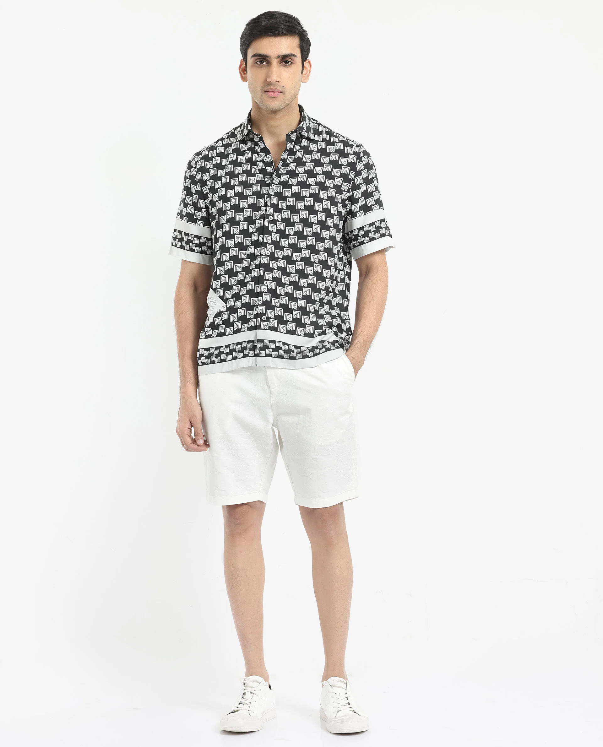 Rare Rabbit Men's Vito Black Viscose Monogram Print Boxy Fit Half Sleeve Collared Shirt - Image 2