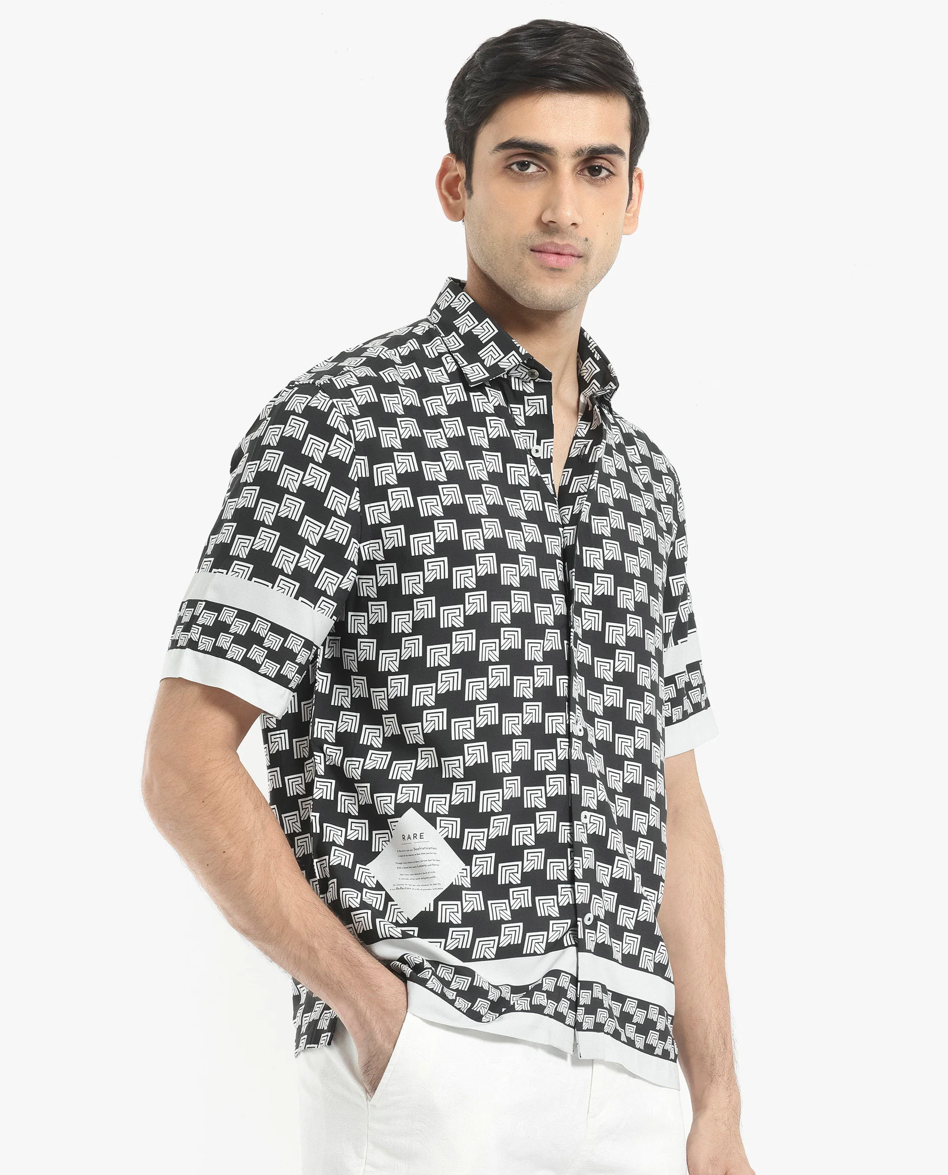 Rare Rabbit Men's Vito Black Viscose Monogram Print Boxy Fit Half Sleeve Collared Shirt - Image 3