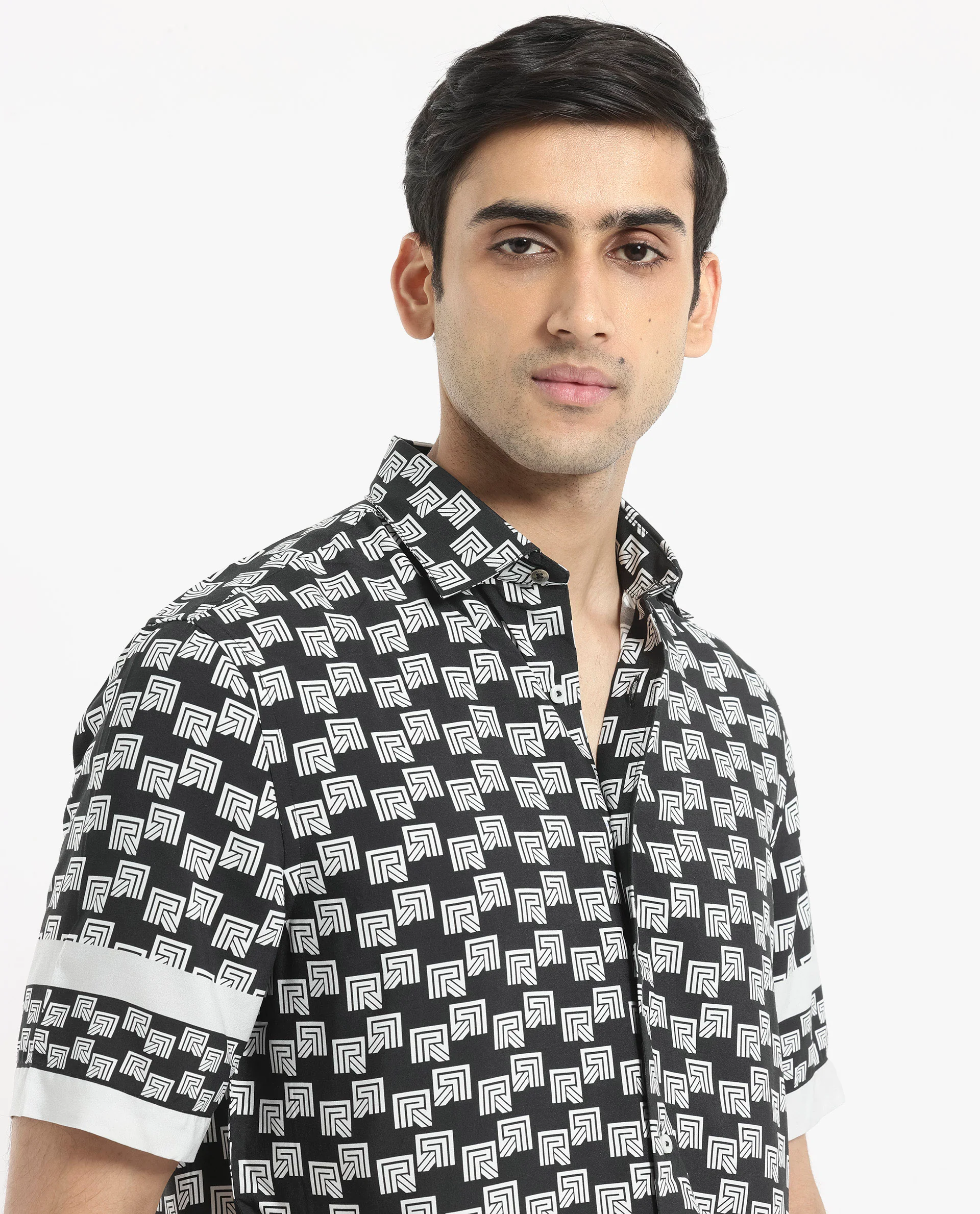 Rare Rabbit Men's Vito Black Viscose Monogram Print Boxy Fit Half Sleeve Collared Shirt - Image 4