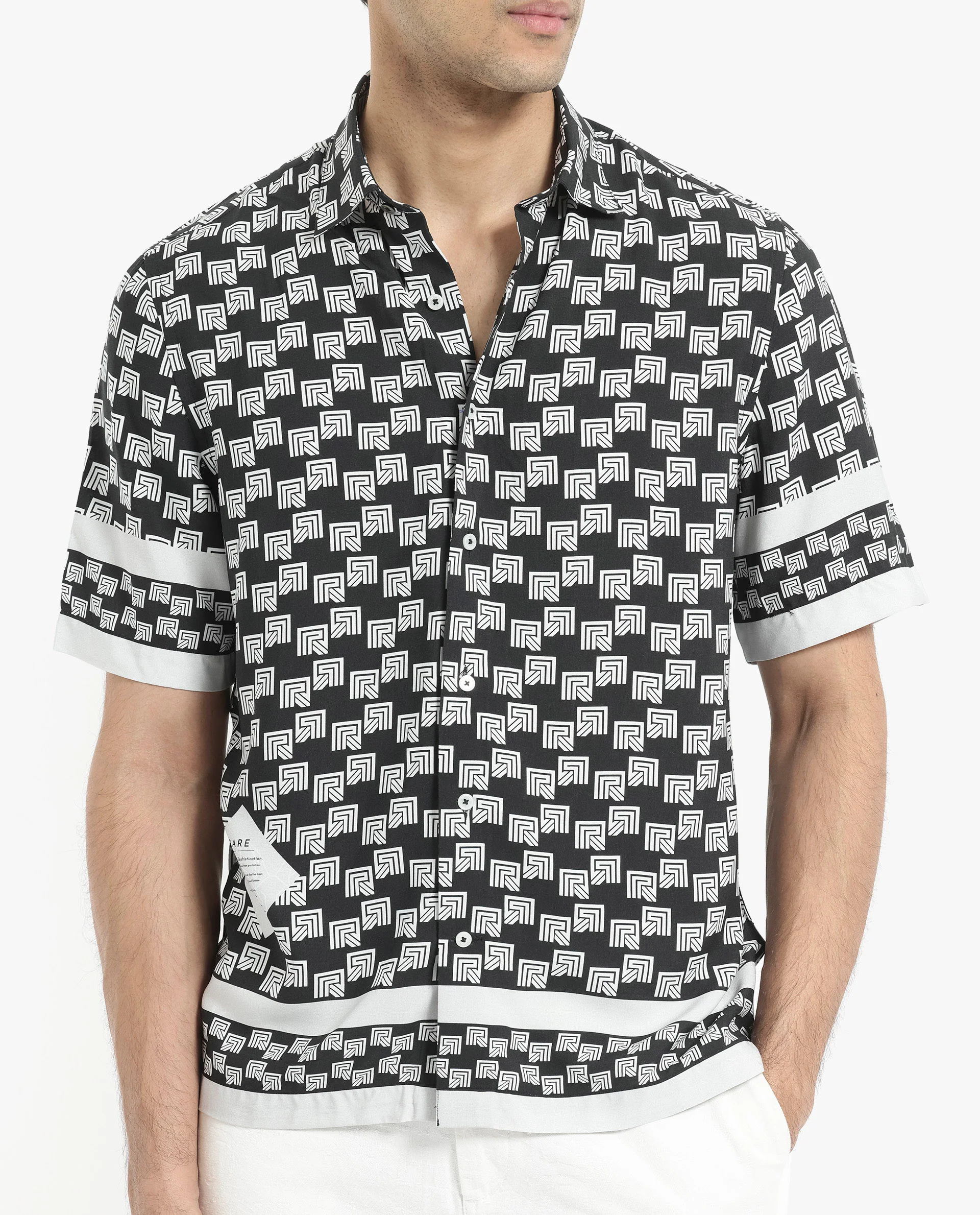 Rare Rabbit Men's Vito Black Viscose Monogram Print Boxy Fit Half Sleeve Collared Shirt - Image 5