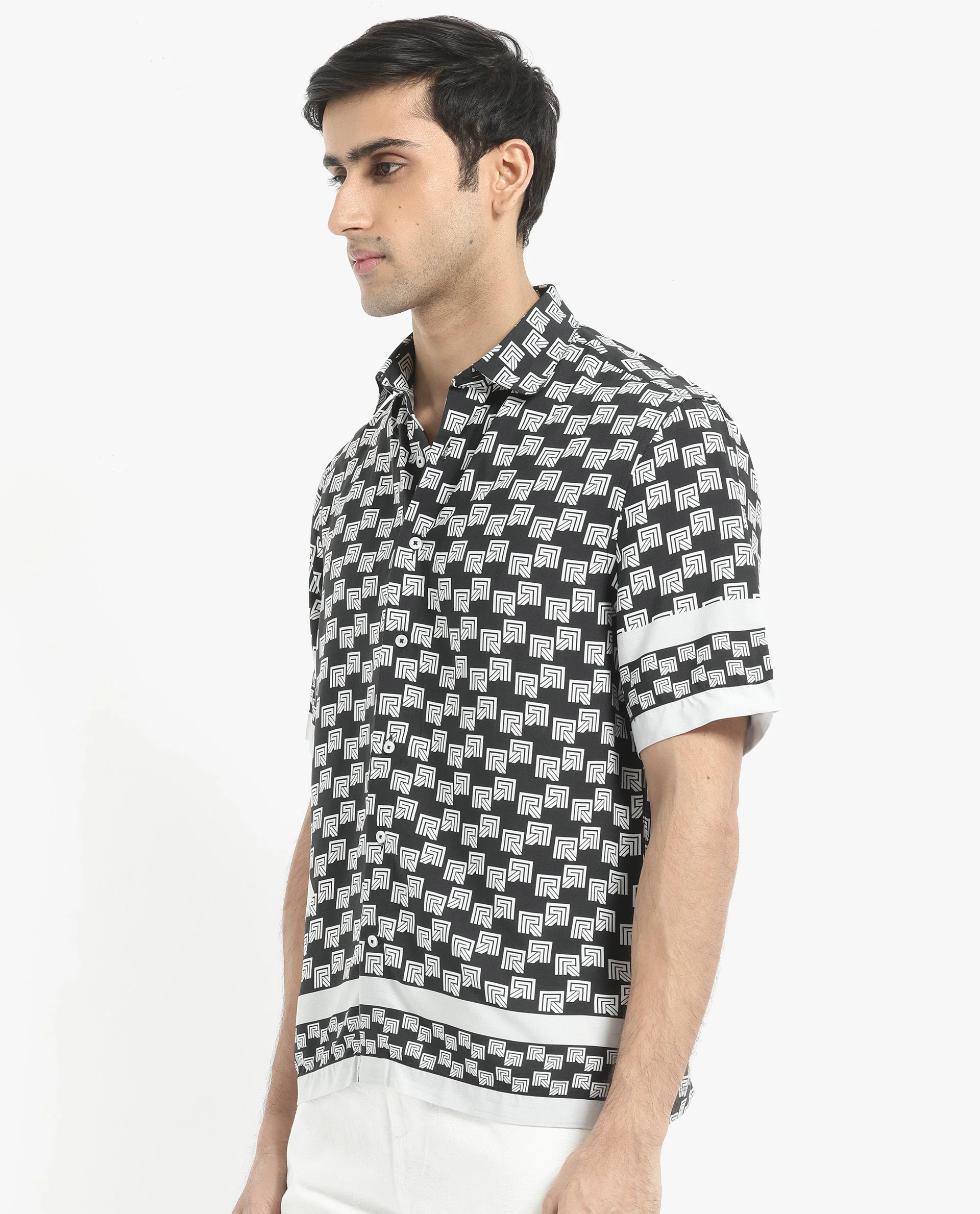Rare Rabbit Men's Vito Black Viscose Monogram Print Boxy Fit Half Sleeve Collared Shirt - Image 6