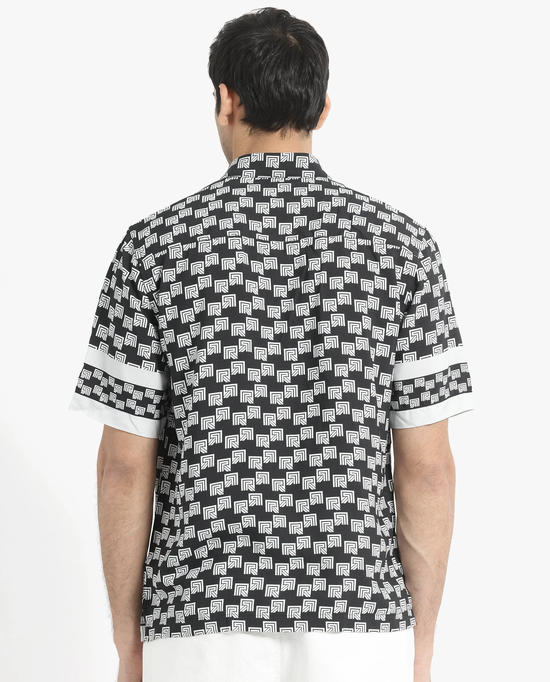 Rare Rabbit Men's Vito Black Viscose Monogram Print Boxy Fit Half Sleeve Collared Shirt - Image 7