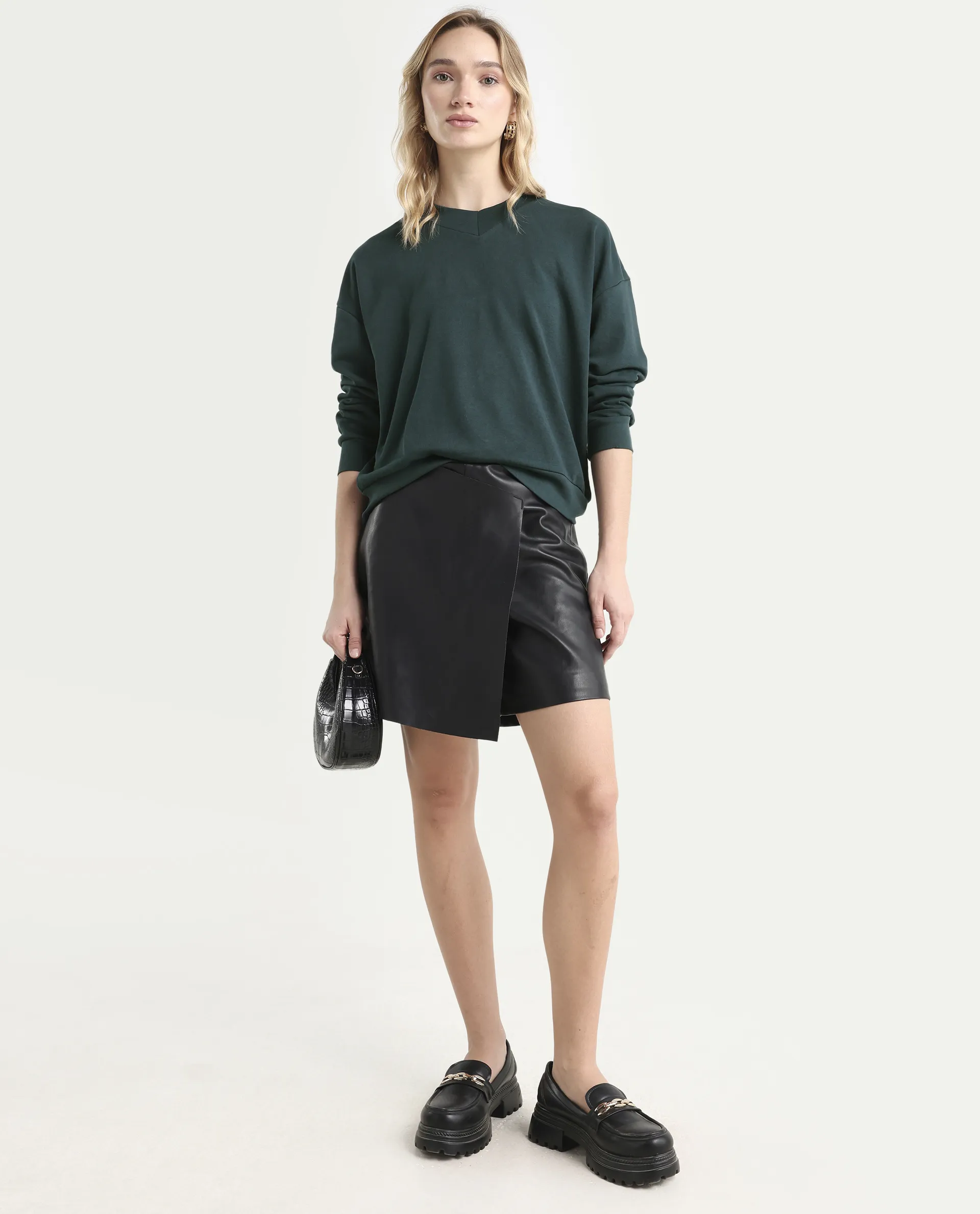Rareism Women's Vitoo Dark Green Cotton Blend Crew Neck Plain Relaxed Fit Sweatshirt - Image 2