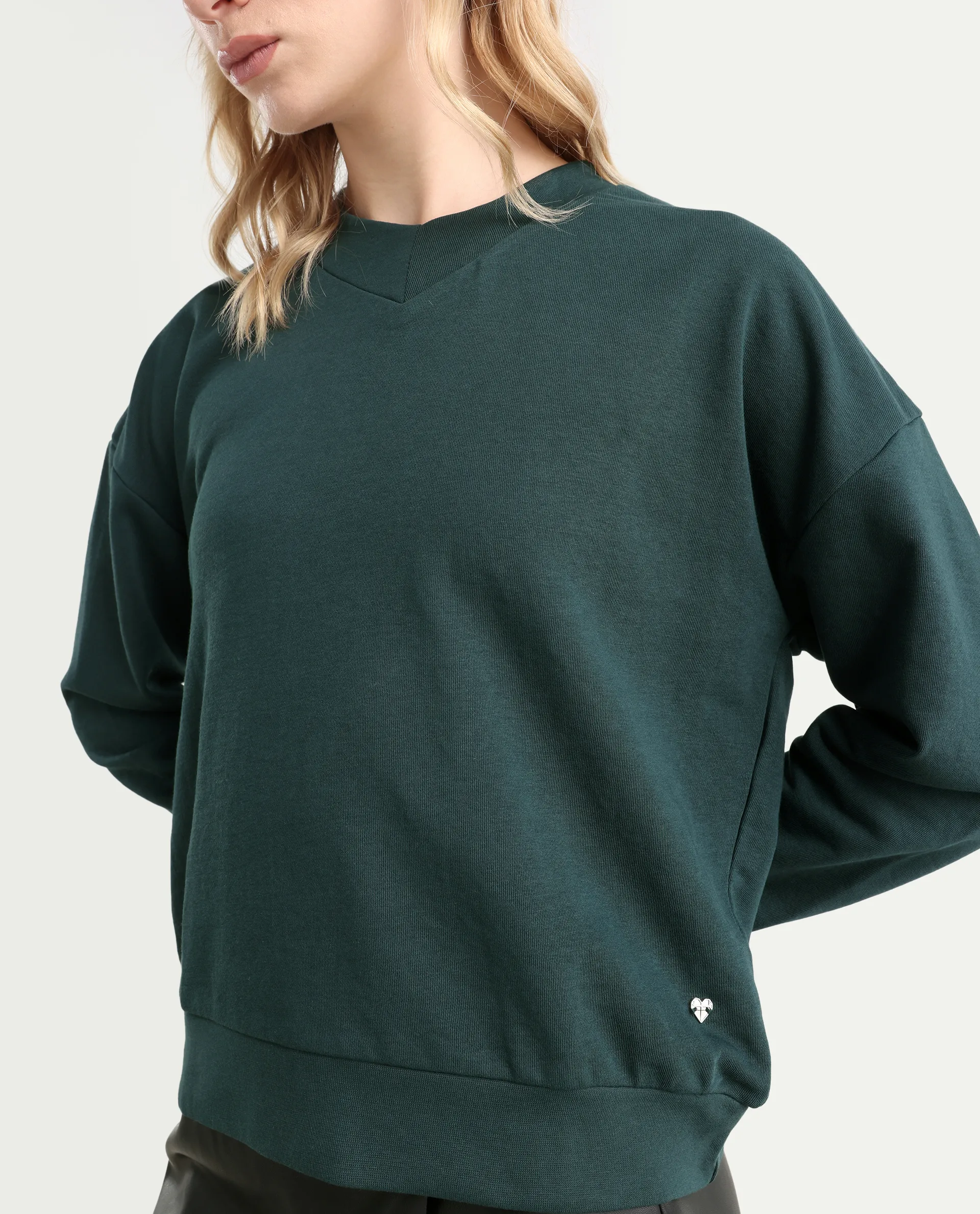 Rareism Women's Vitoo Dark Green Cotton Blend Crew Neck Plain Relaxed Fit Sweatshirt - Image 4