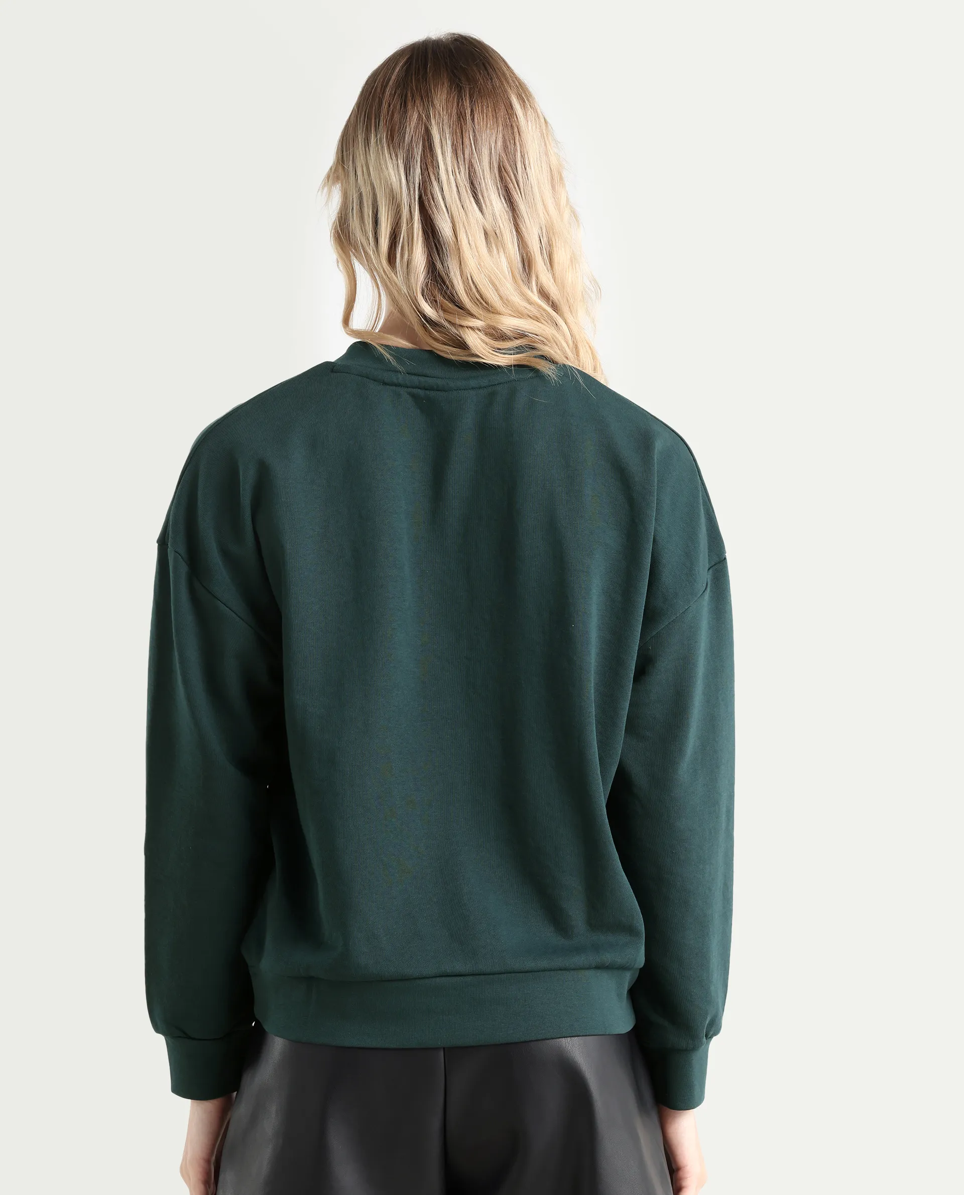 Rareism Women's Vitoo Dark Green Cotton Blend Crew Neck Plain Relaxed Fit Sweatshirt - Image 7