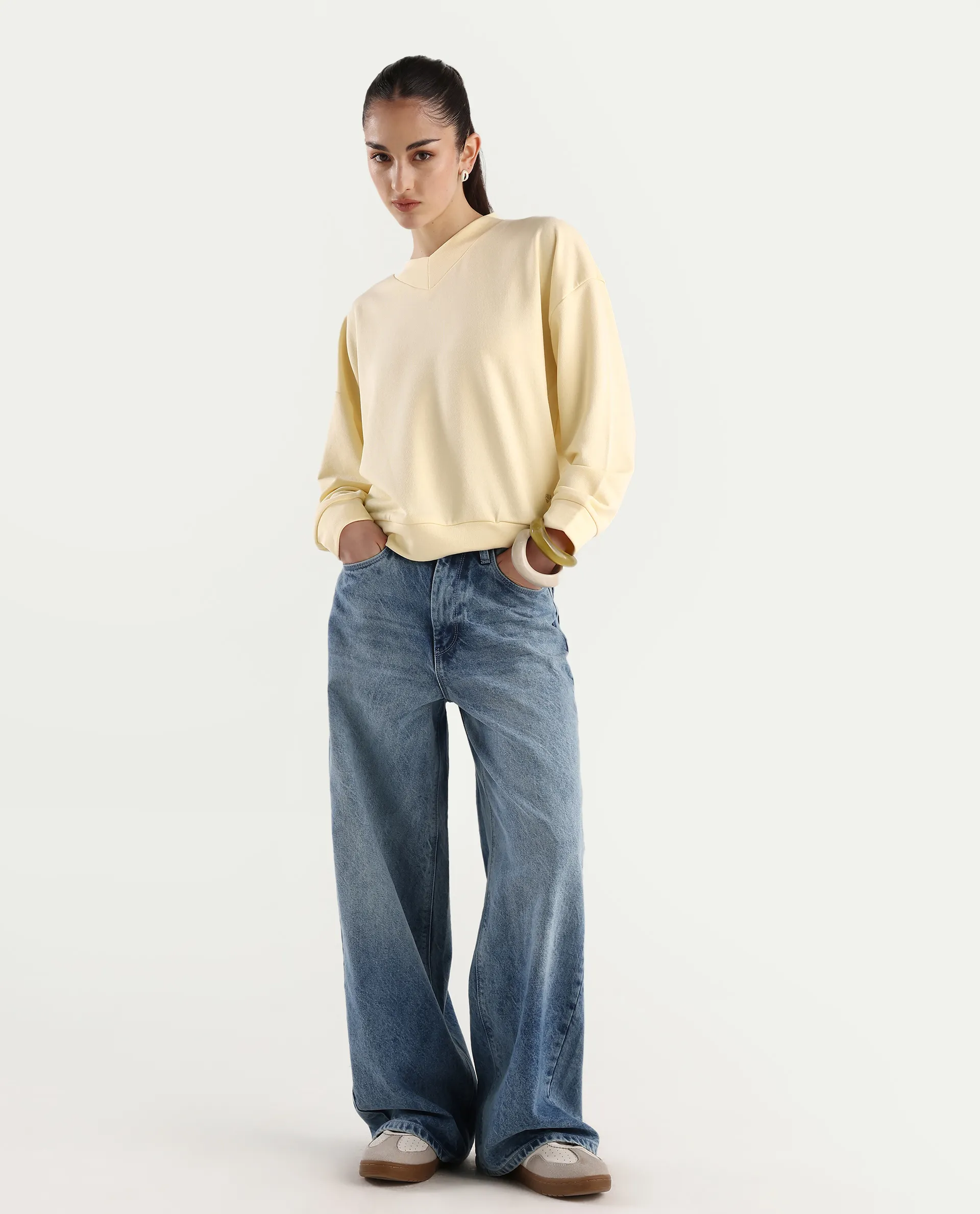 Rareism Women's Vitoo Light Yellow Cotton Blend Crew Neck Plain Relaxed Fit Sweatshirt - Image 2