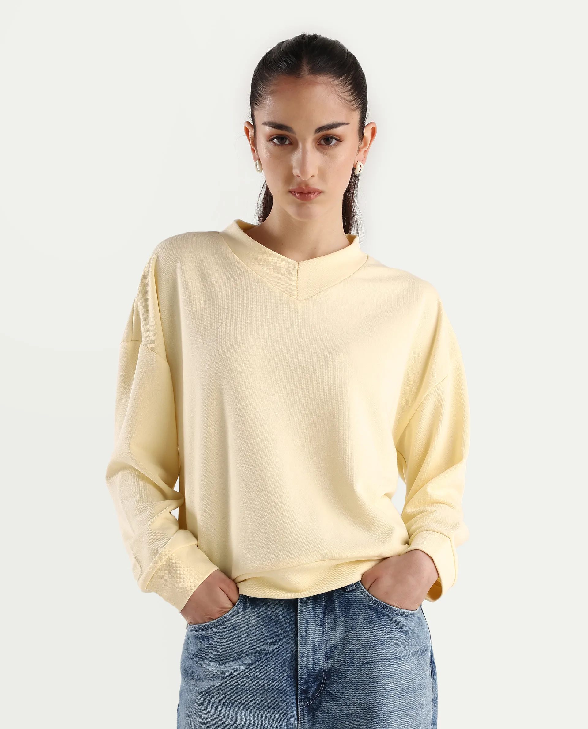 Rareism Women's Vitoo Light Yellow Cotton Blend Crew Neck Plain Relaxed Fit Sweatshirt - Image 3