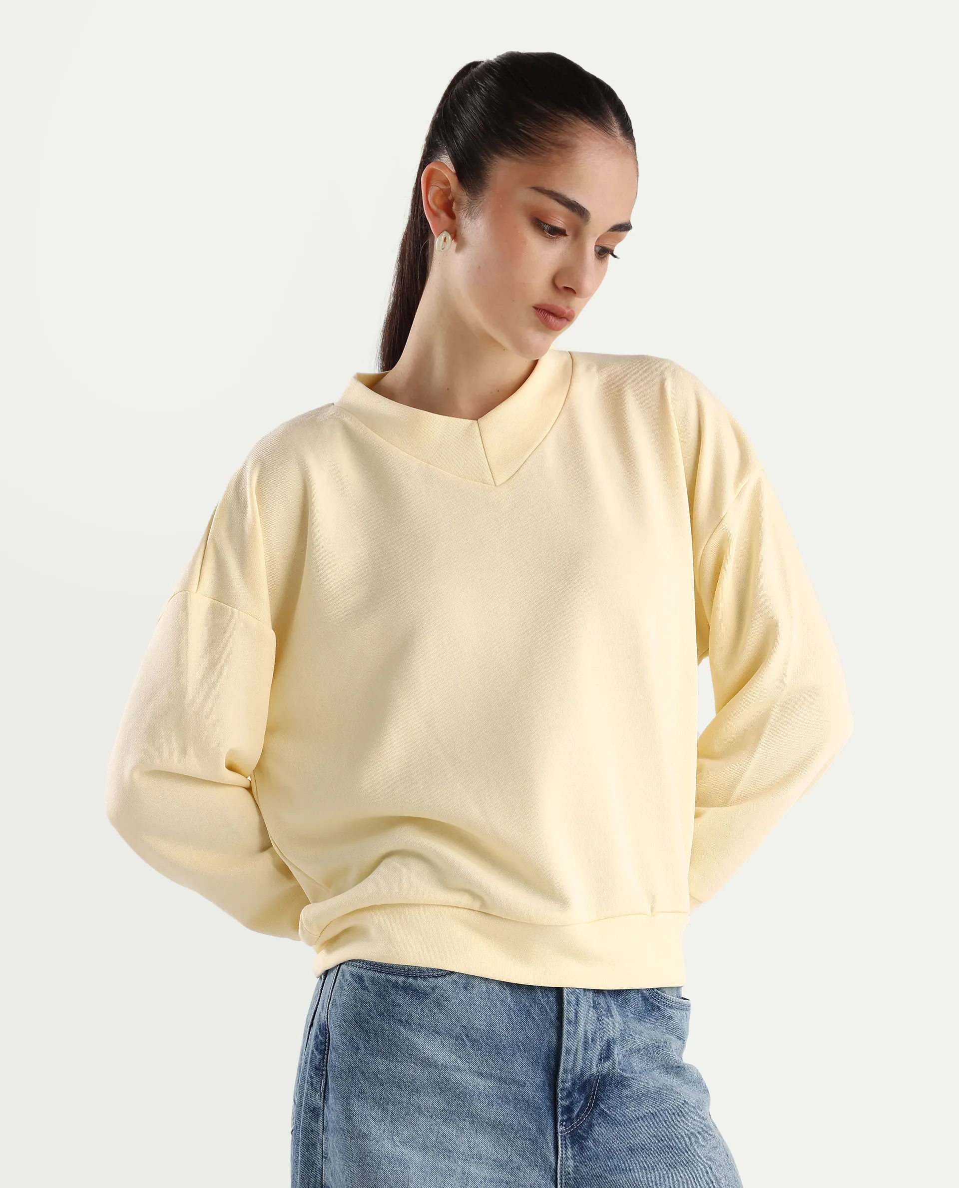 Rareism Women's Vitoo Light Yellow Cotton Blend Crew Neck Plain Relaxed Fit Sweatshirt - Image 5