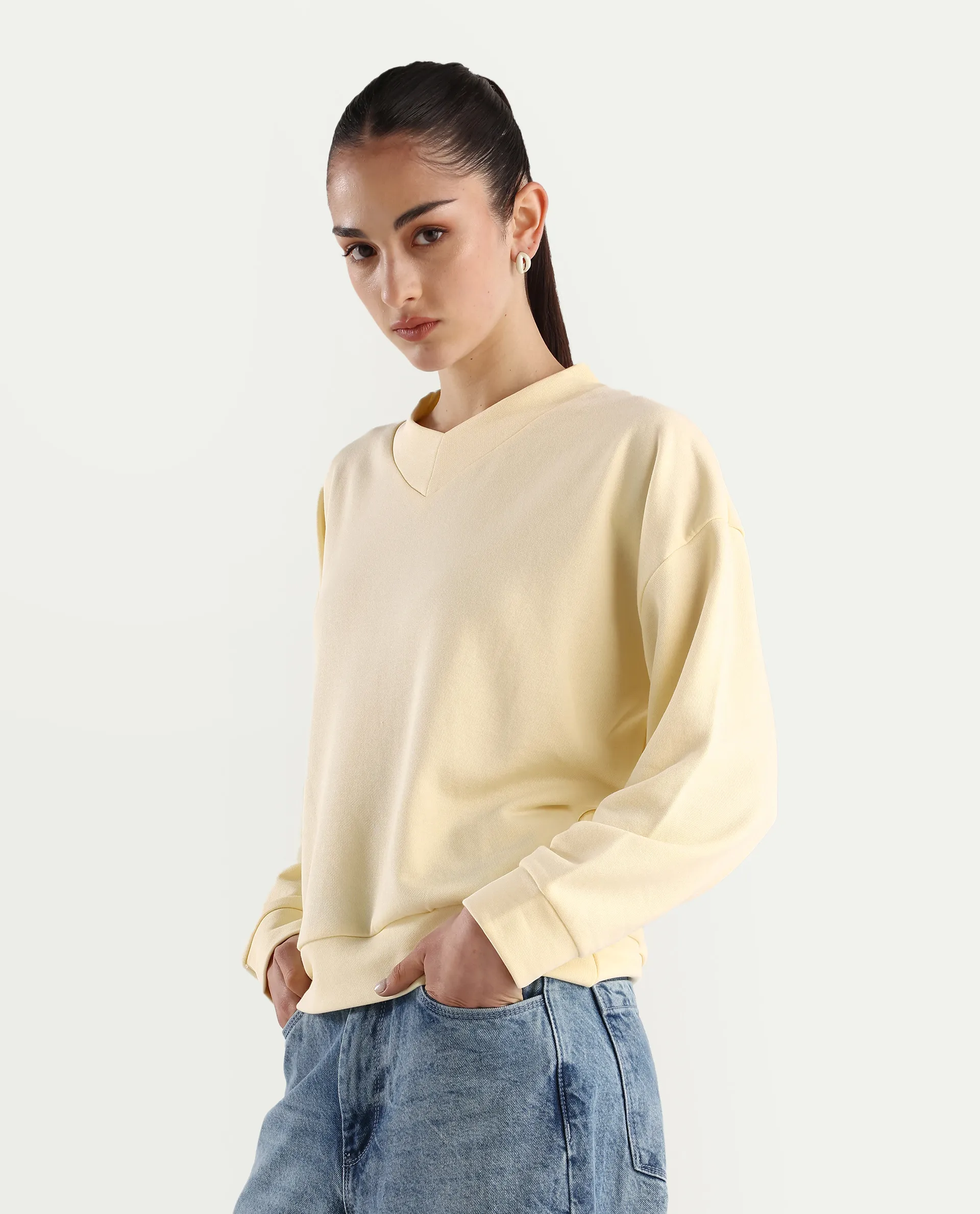 Rareism Women's Vitoo Light Yellow Cotton Blend Crew Neck Plain Relaxed Fit Sweatshirt - Image 6
