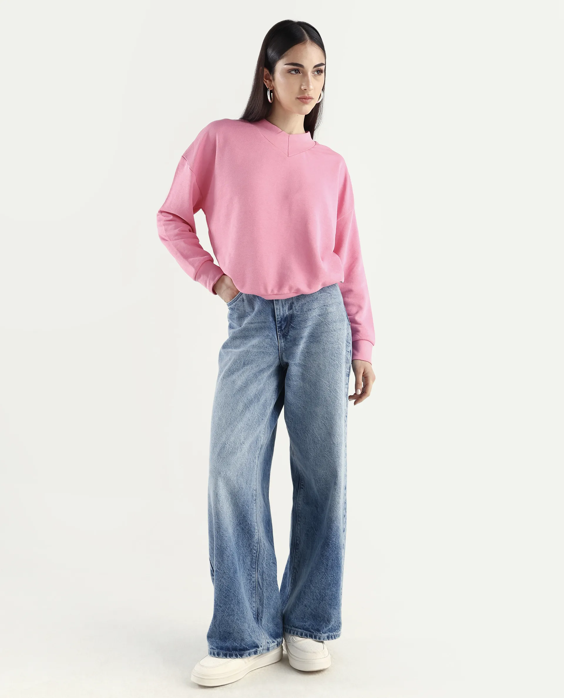 Rareism Women's Vitoo Pink Cotton Blend Crew Neck Plain Relaxed Fit Sweatshirt - Image 2