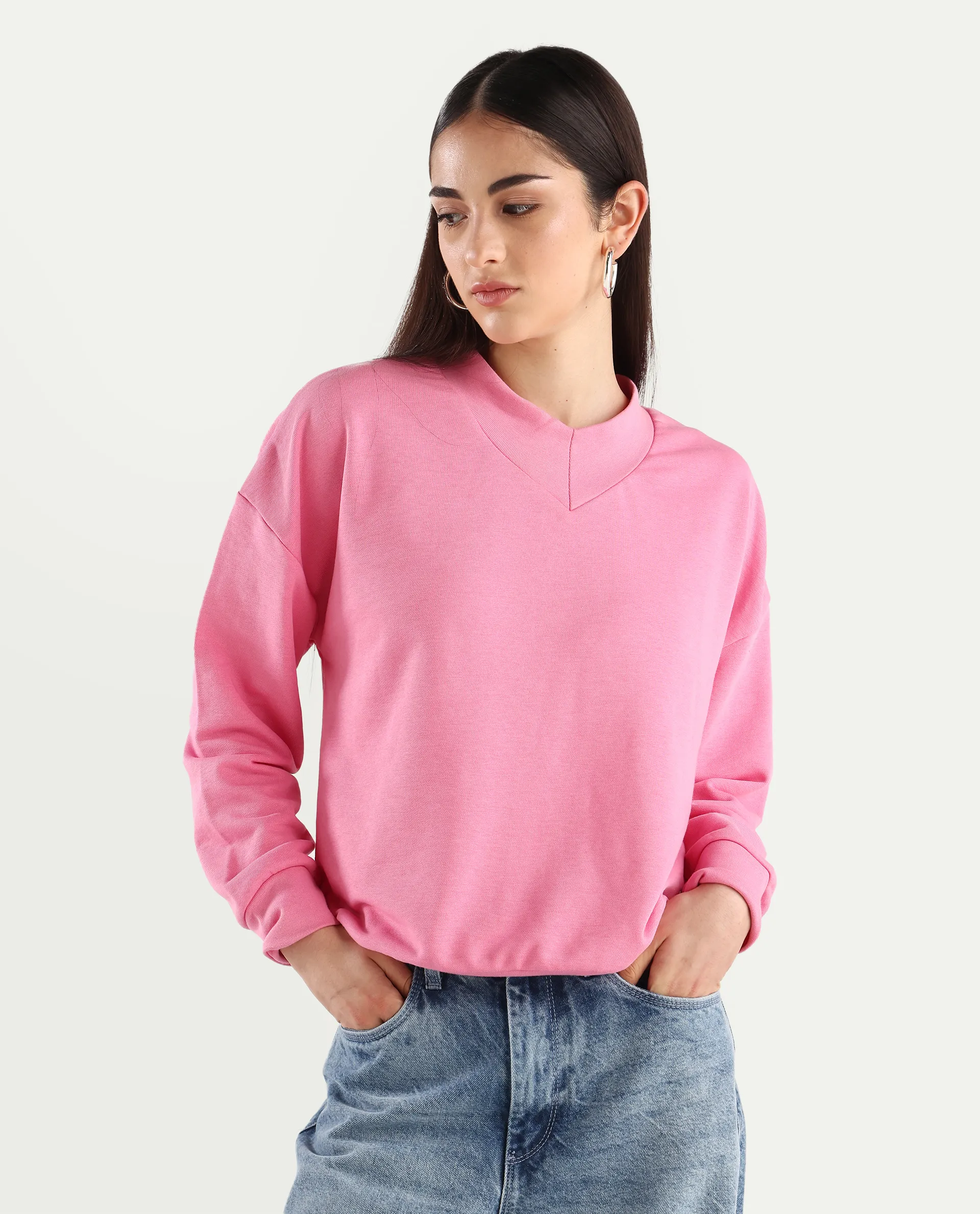 Rareism Women's Vitoo Pink Cotton Blend Crew Neck Plain Relaxed Fit Sweatshirt - Image 3