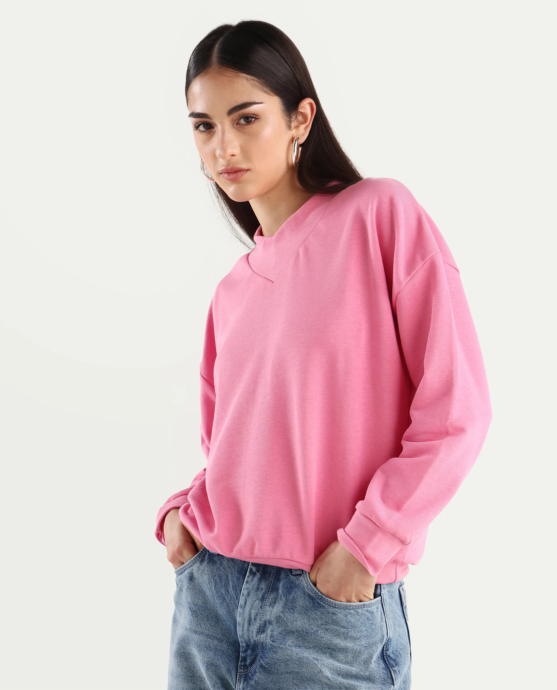 Rareism Women's Vitoo Pink Cotton Blend Crew Neck Plain Relaxed Fit Sweatshirt - Image 6