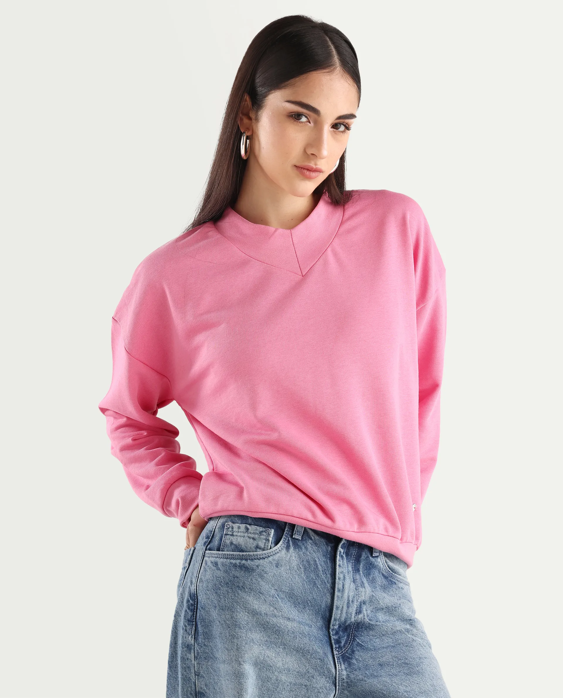 Rareism Women's Vitoo Pink Cotton Blend Crew Neck Plain Relaxed Fit Sweatshirt - Image 7