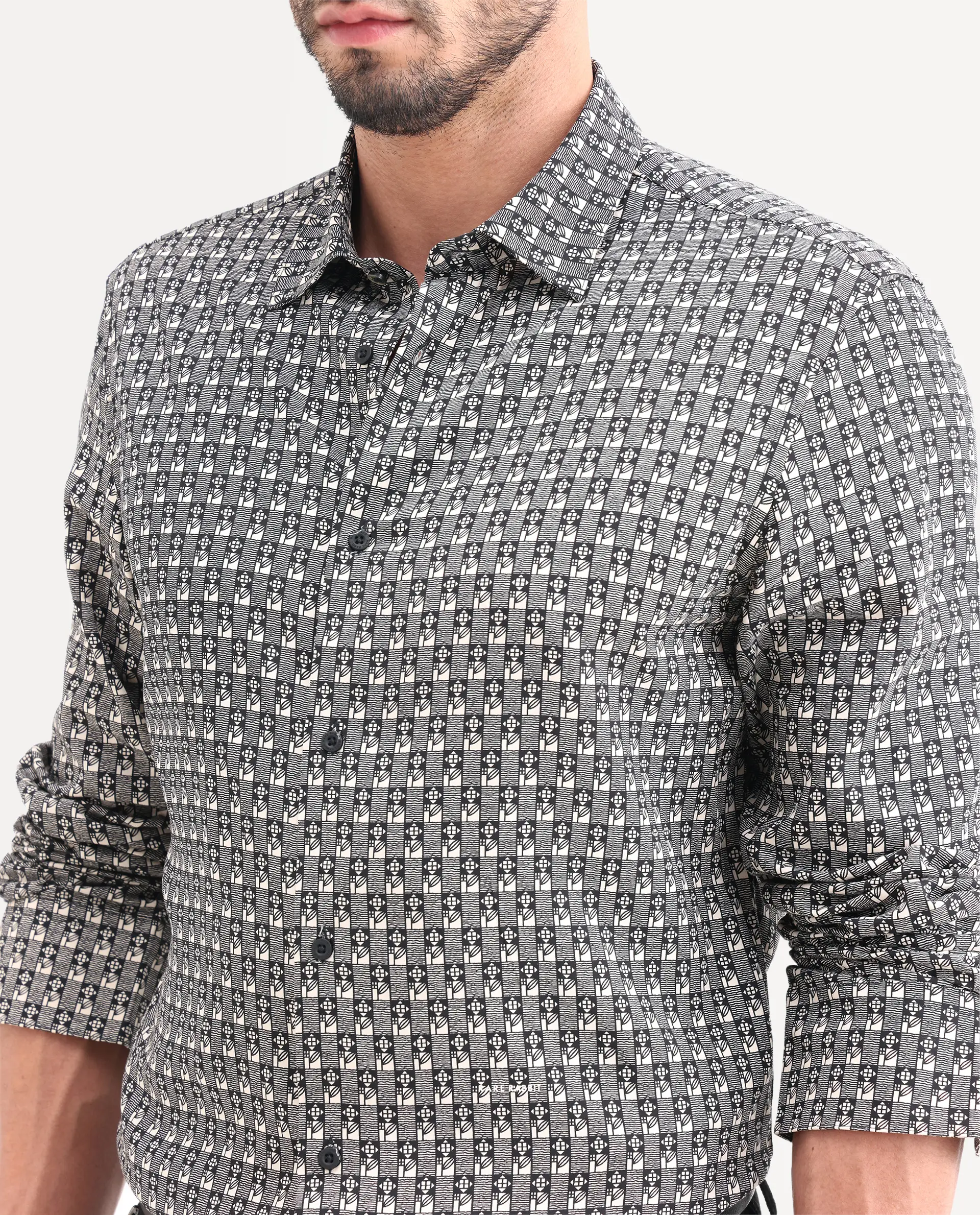 Rare Rabbit Men's Vitry-25 Black Cotton Fabric Spread Collar Regular Fit Jacquard Shirt - Image 3