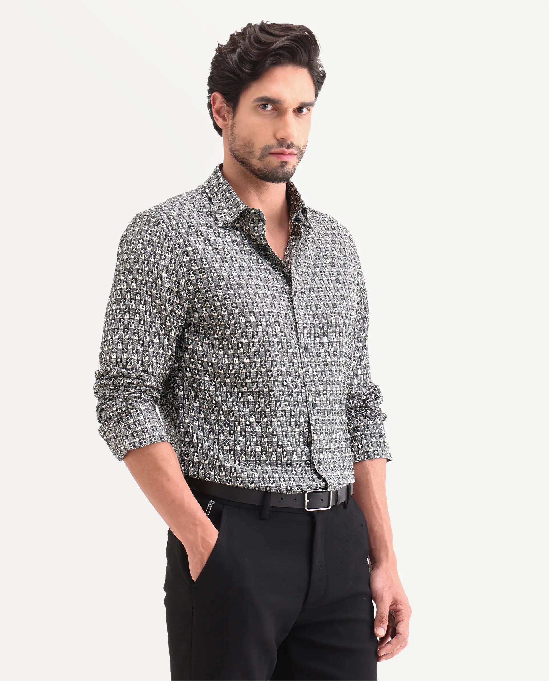 Rare Rabbit Men's Vitry-25 Black Cotton Fabric Spread Collar Regular Fit Jacquard Shirt - Image 4