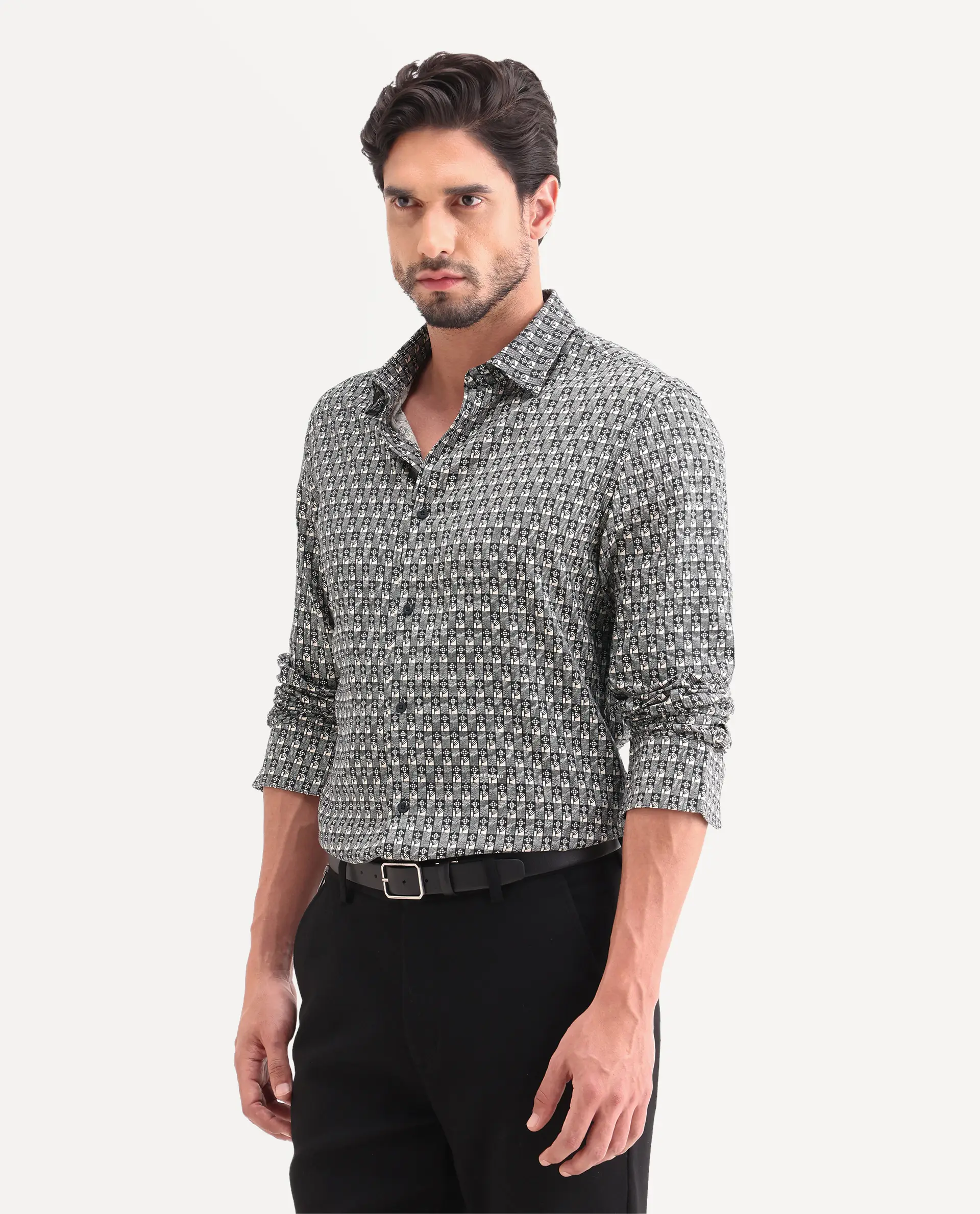 Rare Rabbit Men's Vitry-25 Black Cotton Fabric Spread Collar Regular Fit Jacquard Shirt - Image 5