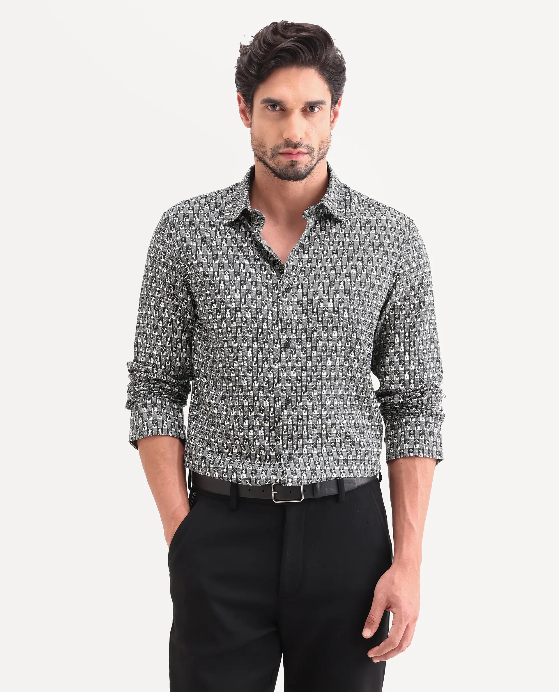 Rare Rabbit Men's Vitry-25 Black Cotton Fabric Spread Collar Regular Fit Jacquard Shirt - Image 6
