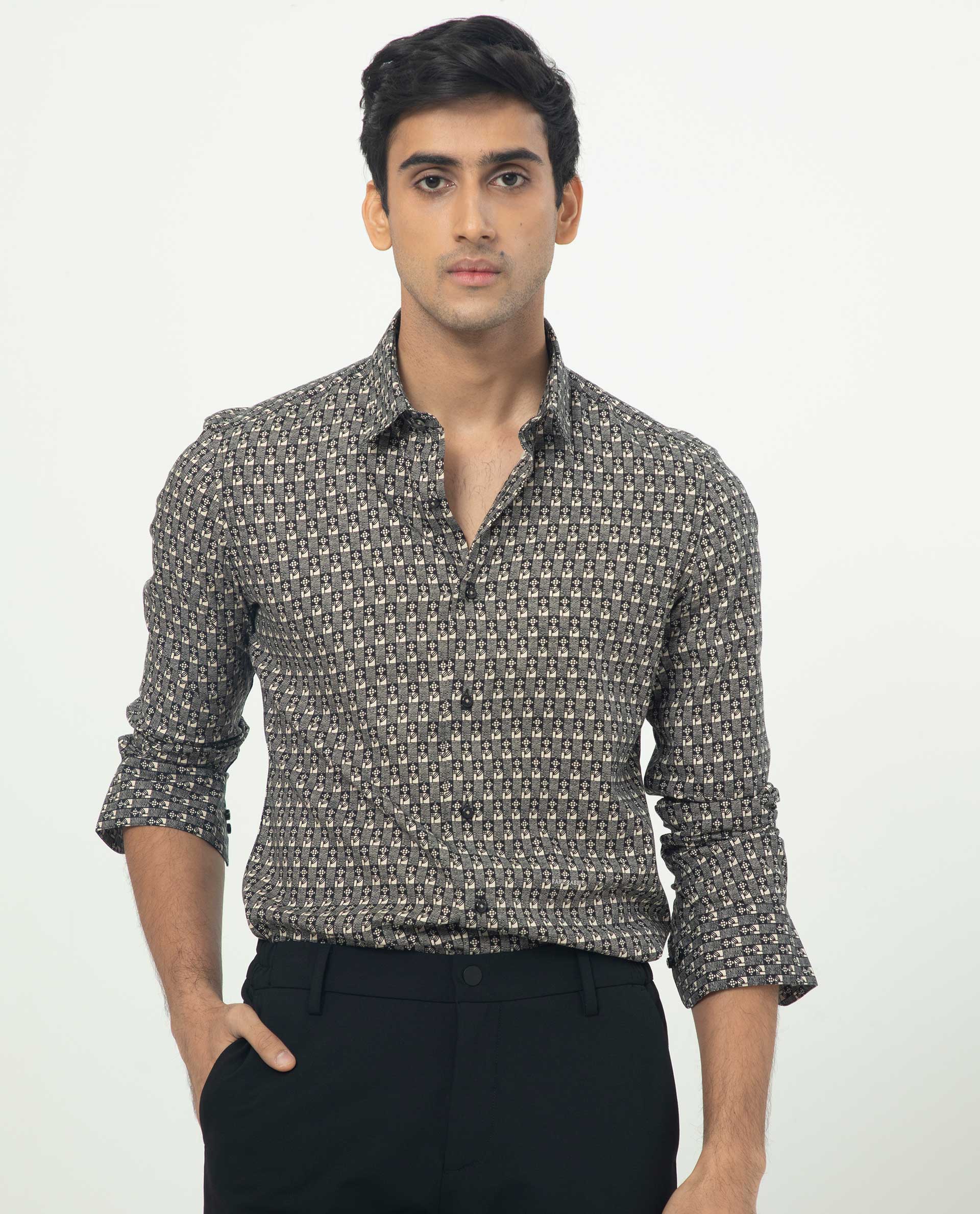 Rare Rabbit Men's Vitry Black Cotton Geometric Print Regular Fit Full Sleeve Collared Shirt
