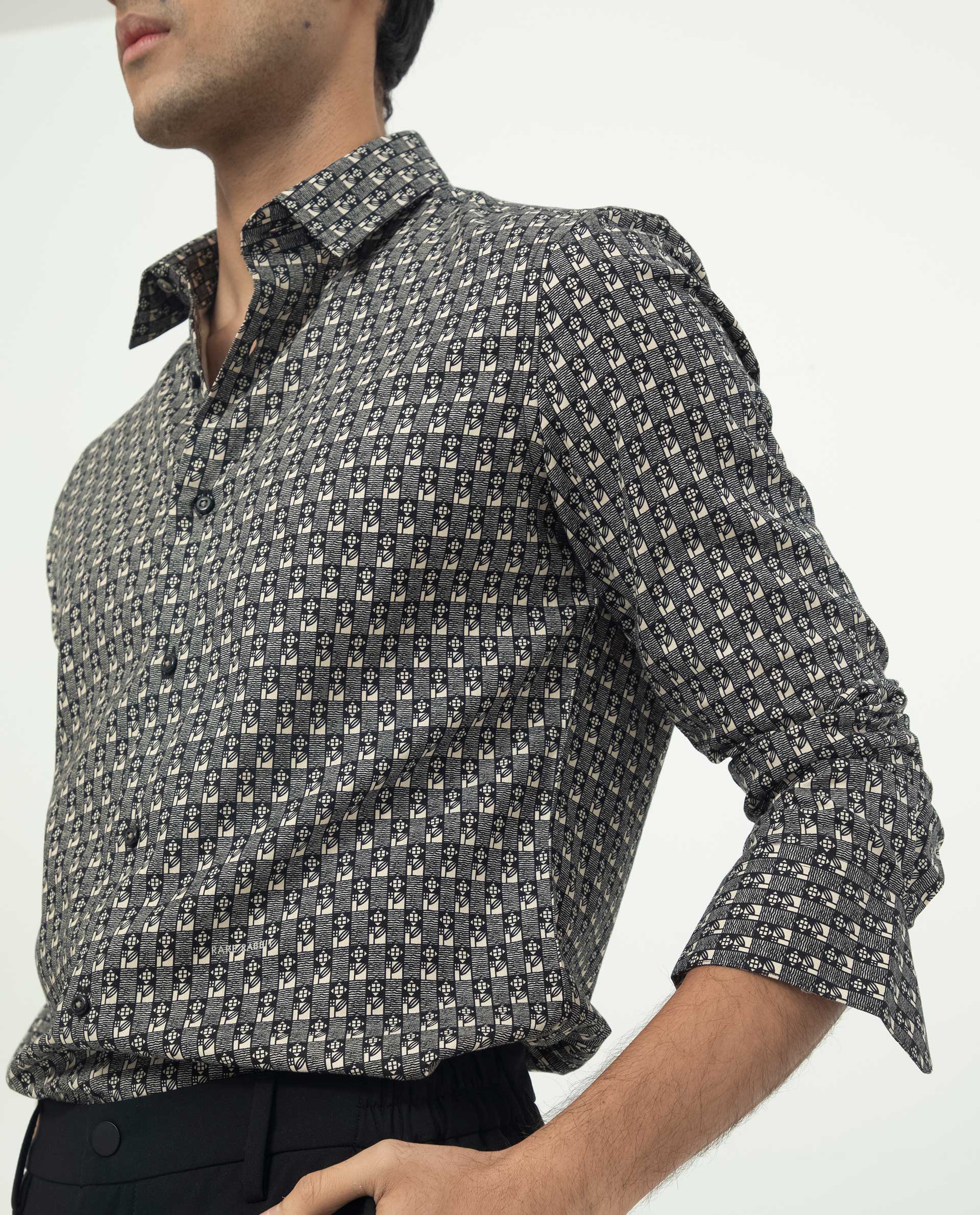 Rare Rabbit Men's Vitry Black Cotton Geometric Print Regular Fit Full Sleeve Collared Shirt - Image 4
