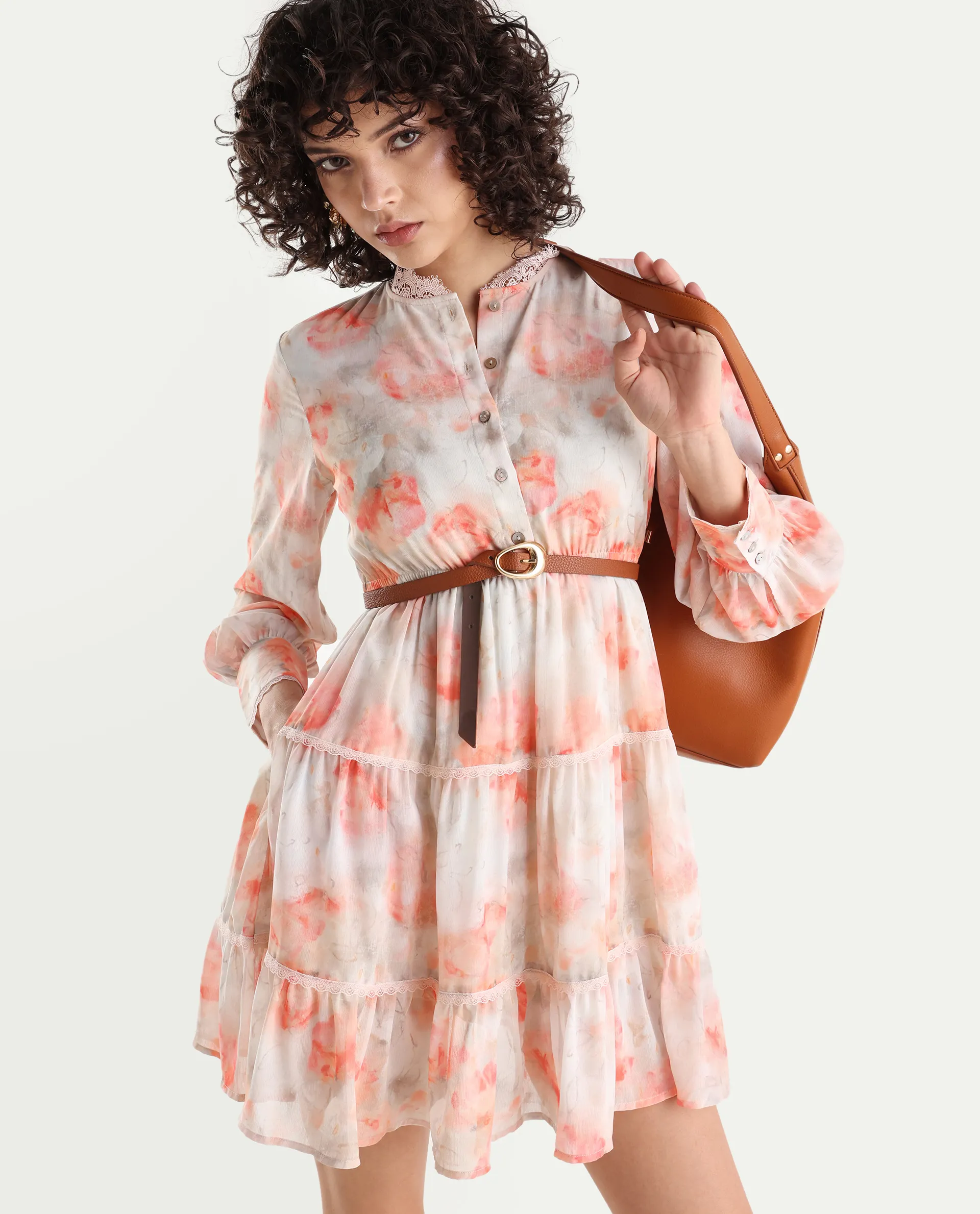 Rareism Women's Viver Off White Polyester Stand Collar Abstract Print Puff Sleeves Mini Fit And Flare Dress