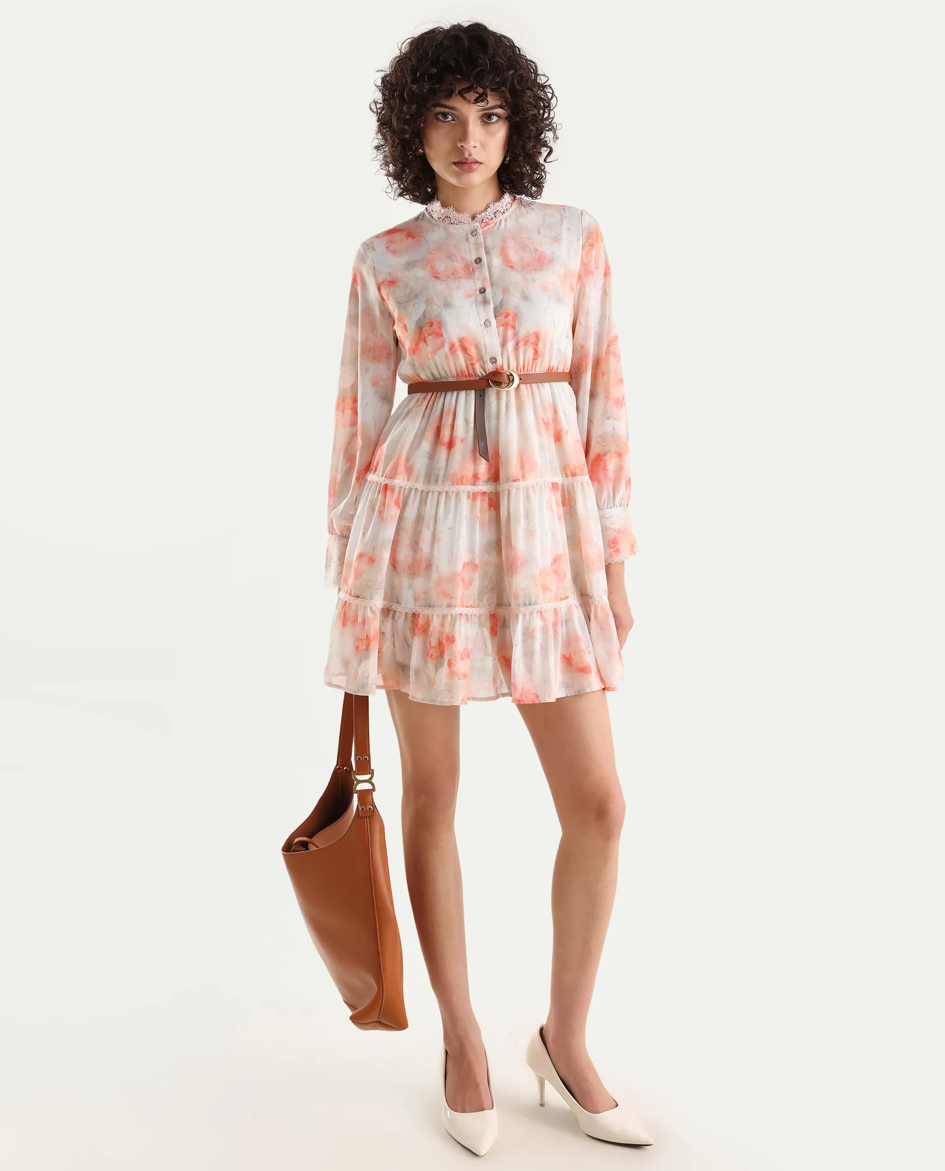 Rareism Women's Viver Off White Polyester Stand Collar Abstract Print Puff Sleeves Mini Fit And Flare Dress - Image 2
