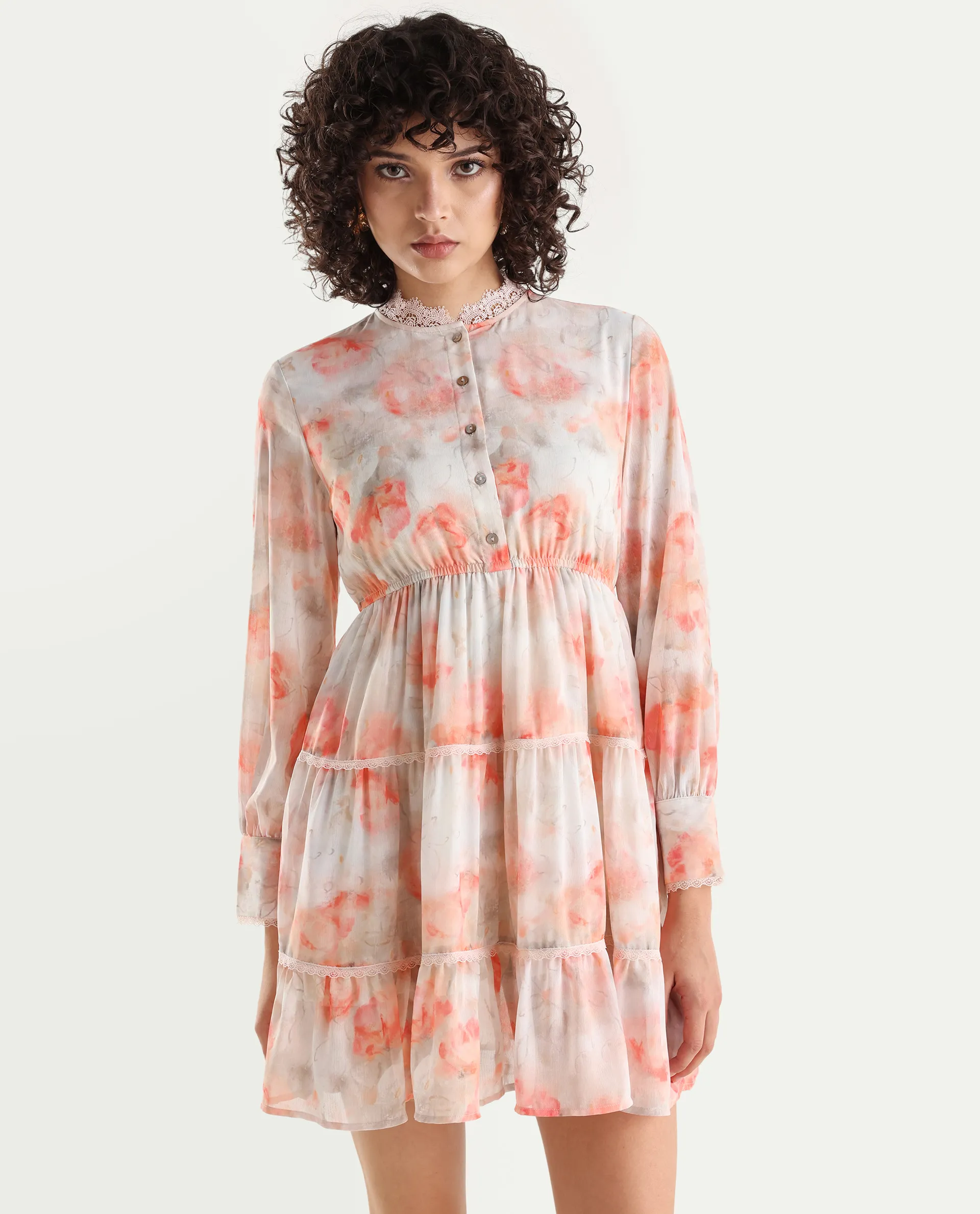Rareism Women's Viver Off White Polyester Stand Collar Abstract Print Puff Sleeves Mini Fit And Flare Dress - Image 3