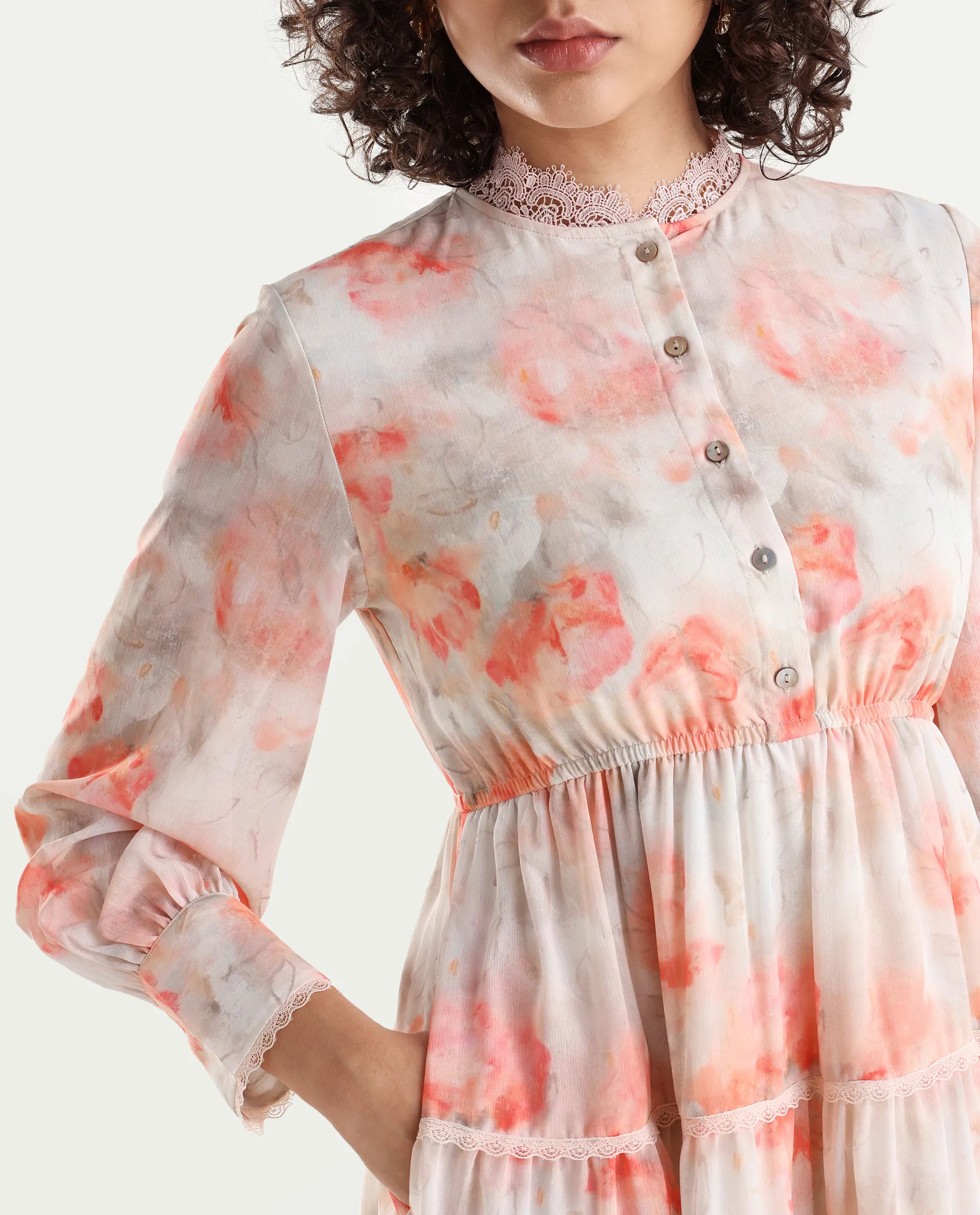 Rareism Women's Viver Off White Polyester Stand Collar Abstract Print Puff Sleeves Mini Fit And Flare Dress - Image 4