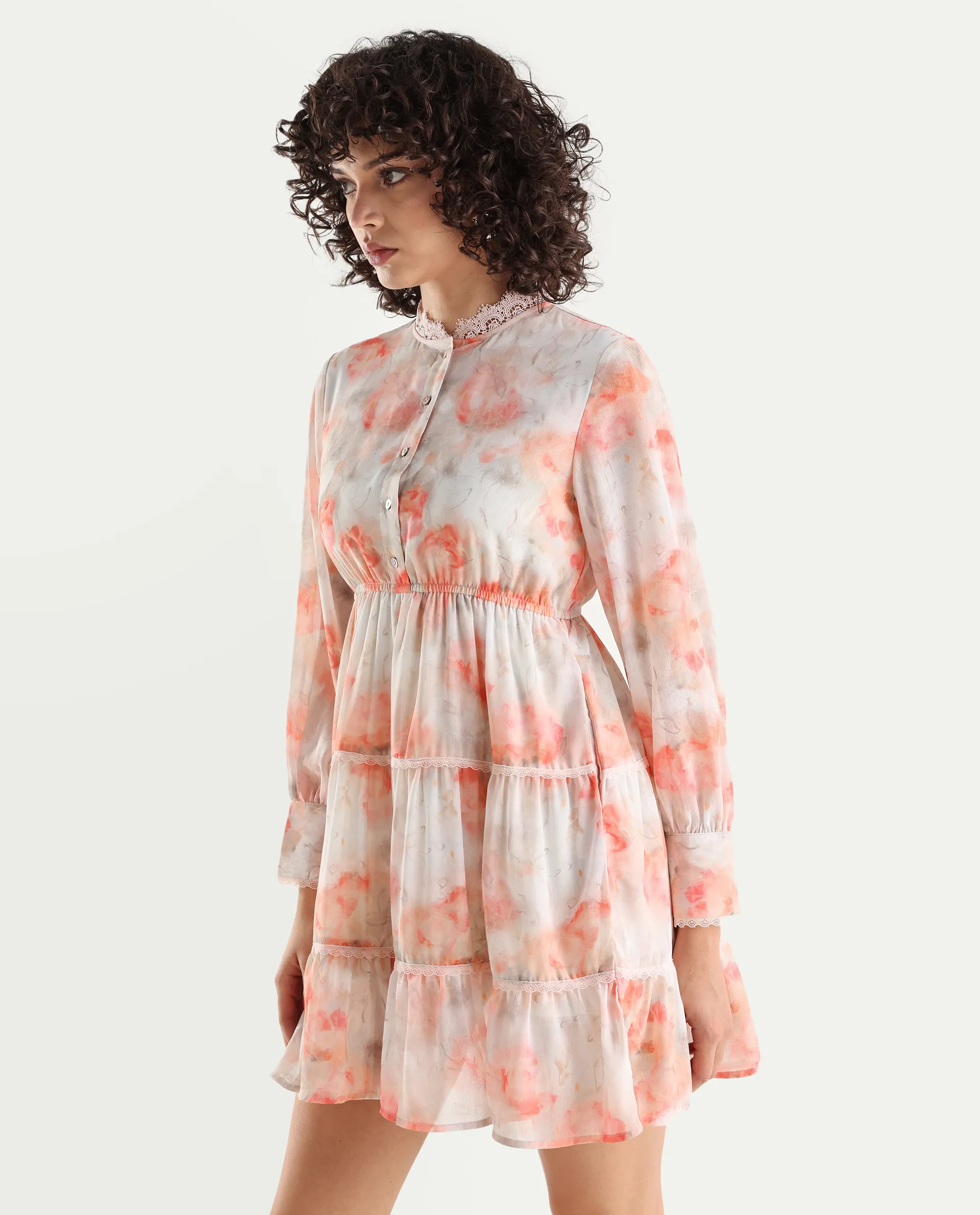 Rareism Women's Viver Off White Polyester Stand Collar Abstract Print Puff Sleeves Mini Fit And Flare Dress - Image 5