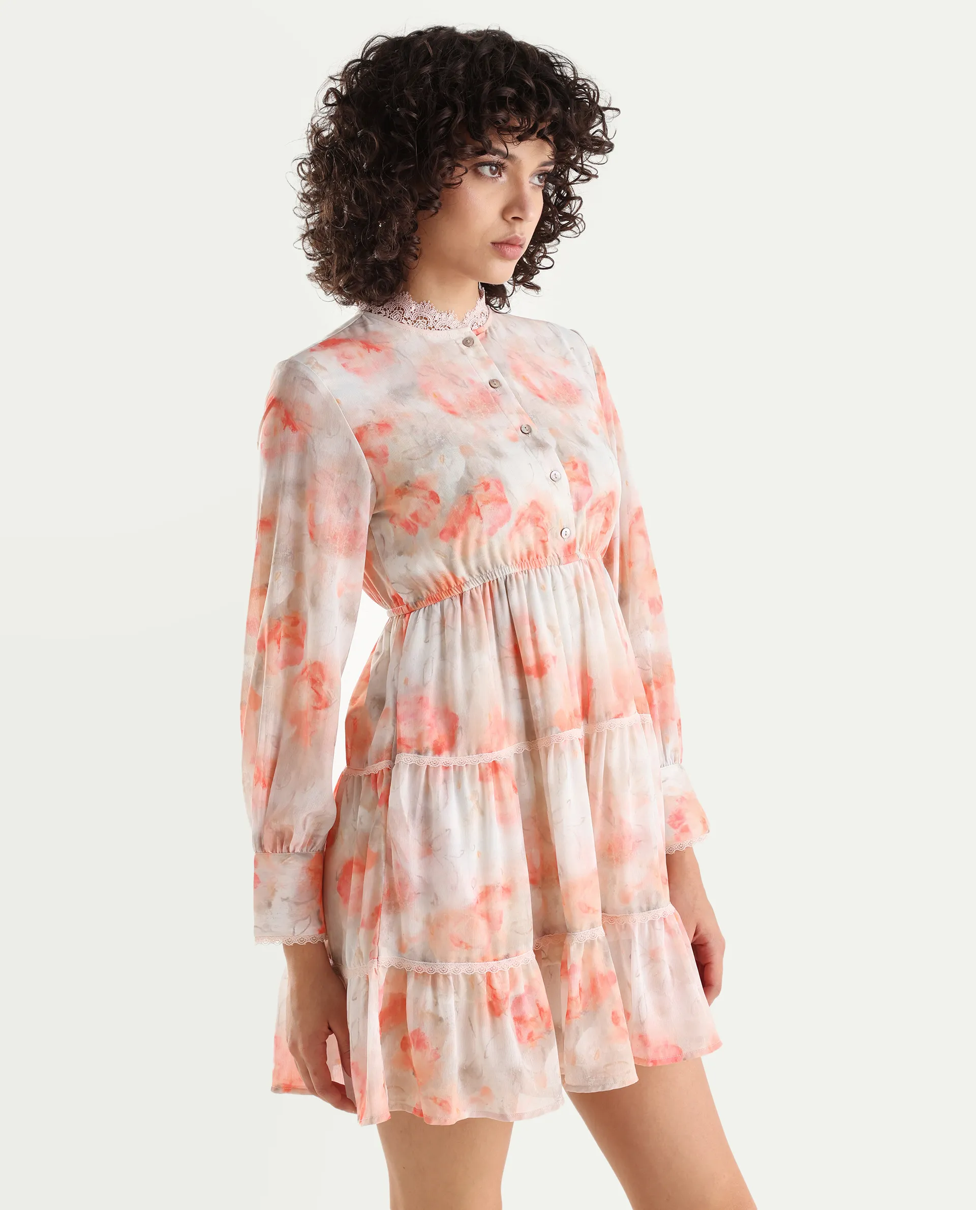 Rareism Women's Viver Off White Polyester Stand Collar Abstract Print Puff Sleeves Mini Fit And Flare Dress - Image 6