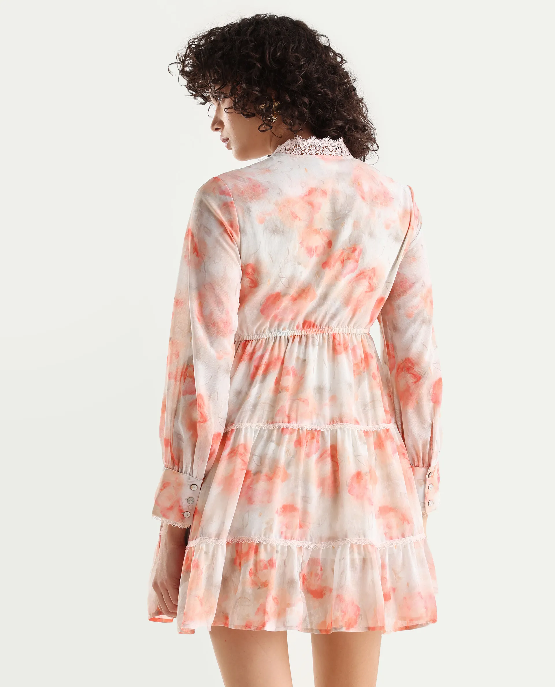 Rareism Women's Viver Off White Polyester Stand Collar Abstract Print Puff Sleeves Mini Fit And Flare Dress - Image 7
