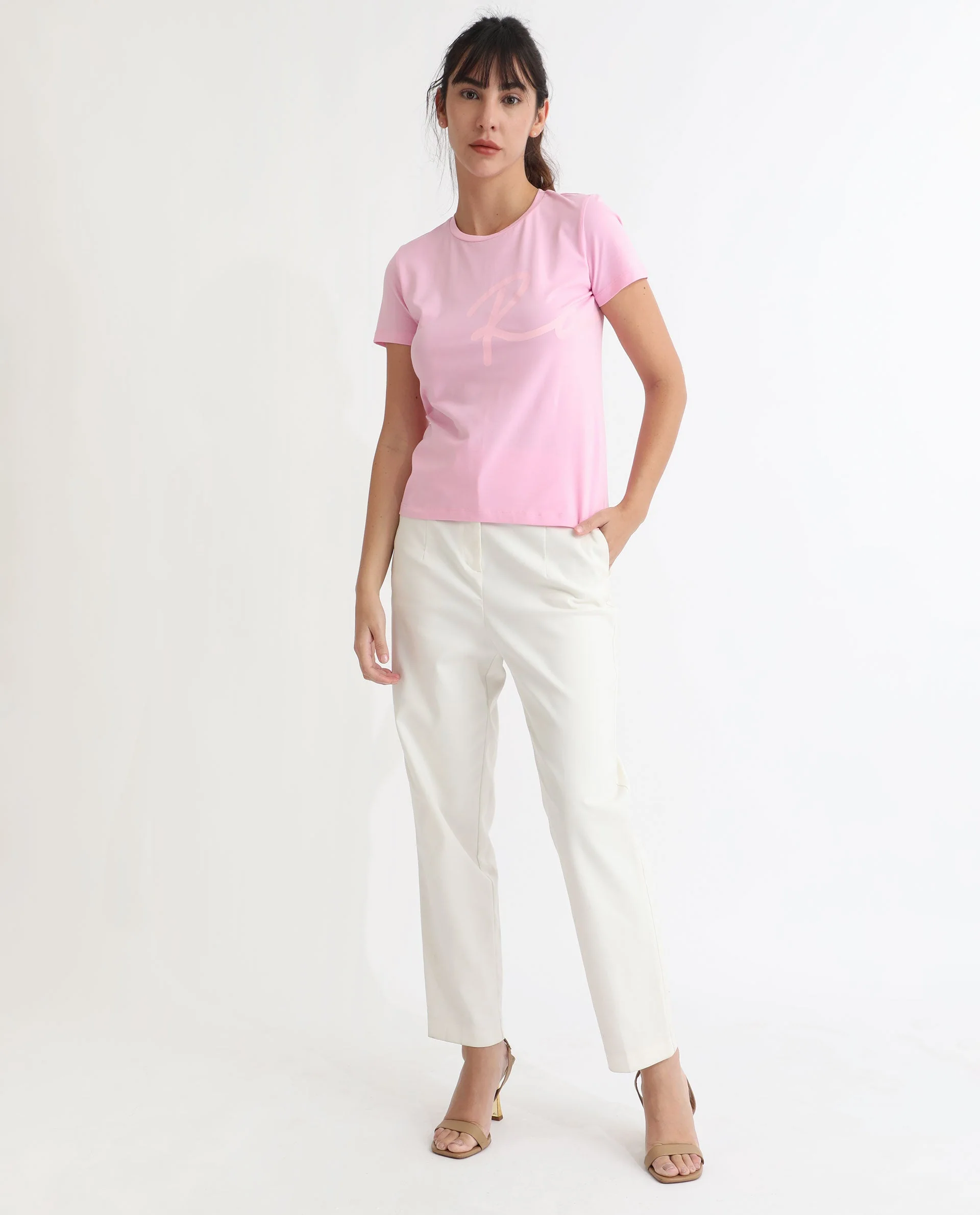 Rareism Women's Vivian Pink Cotton Crew Neck Graphic Print Regular Fit T-Shirt - Image 4